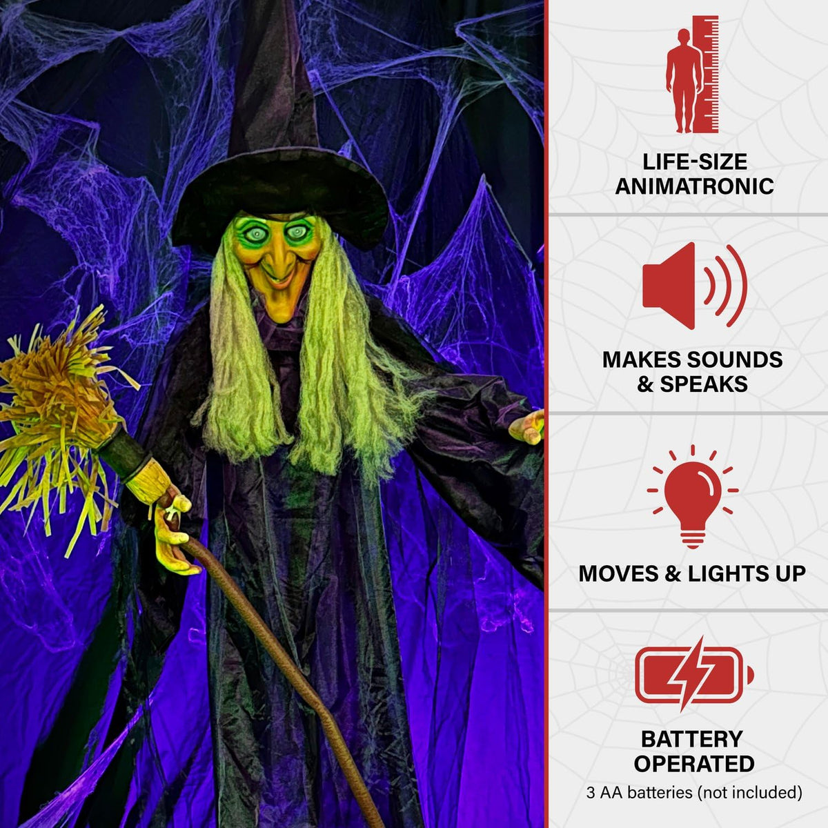 Haunted Hill Farm Life-Size Scary Talking Witch with Broomstick, Halloween Animatronic with Touch Activated Lights and Sound, Battery Operated Indoor or Covered Outdoor Halloween Decorations