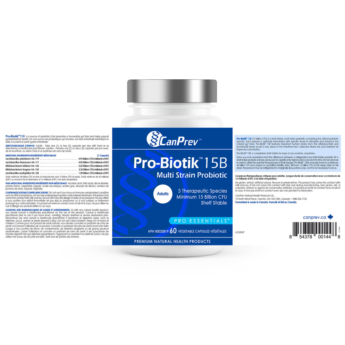 CanPrev Pro-Biotik 15 Billion CFU, 60 V-Caps 60-Day Supply - Non-GMO & Gluten-Free - Advanced Gut Health Formula with 5 Probiotic Strains Supplement - Supports Digestive Balance and Eases Bloating 🍁 All In One Marketplace Canada