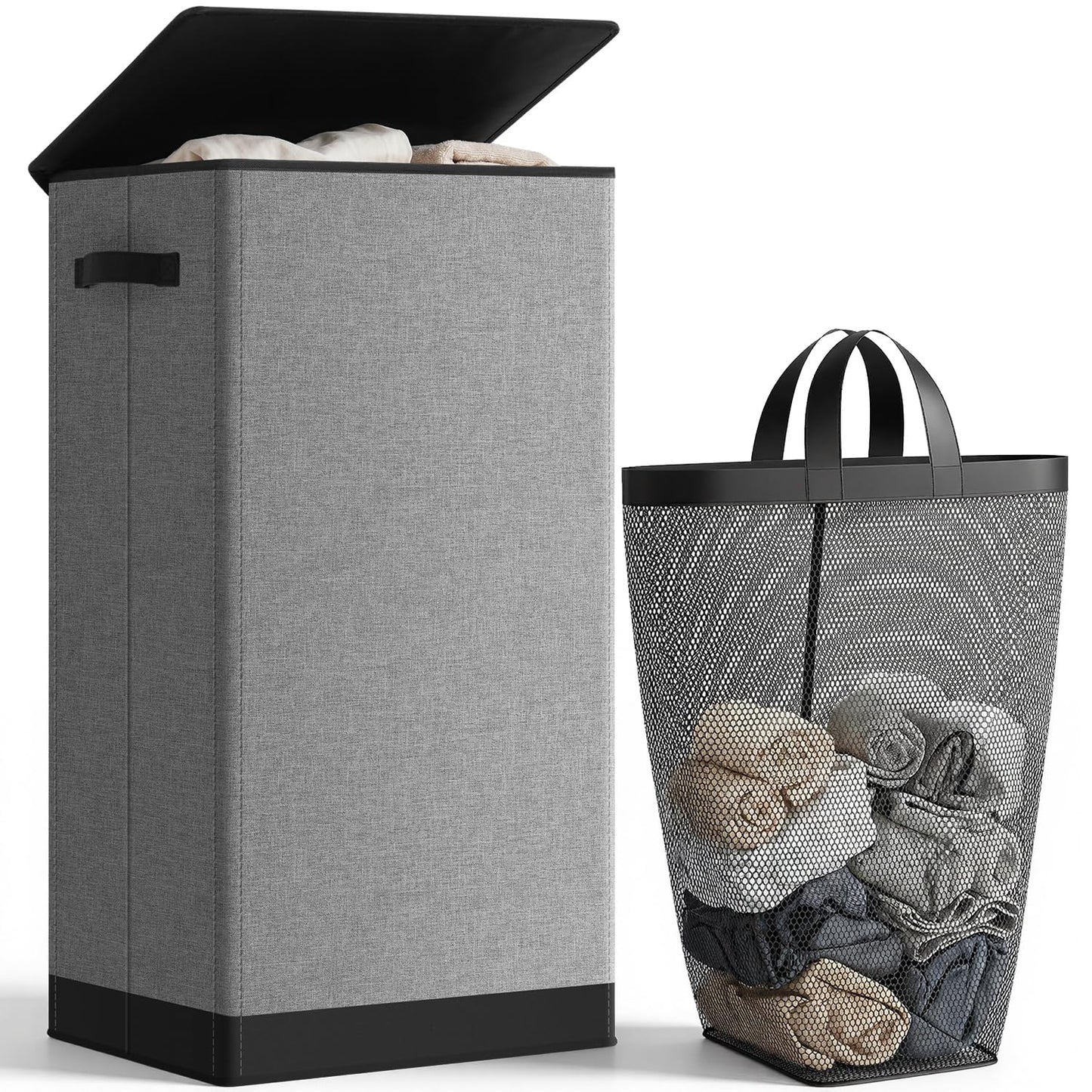 SOLEDI 100L Laundry Basket with Lid Large Laundry Hamper, Clothes Hamper with Laundry Bag Easy to Carry, Collapsible Storage Bins for Bedroom, Bathroom, Dorm, Apartment, College, Wardrobe, Grey 🍁 All In One Marketplace Canada