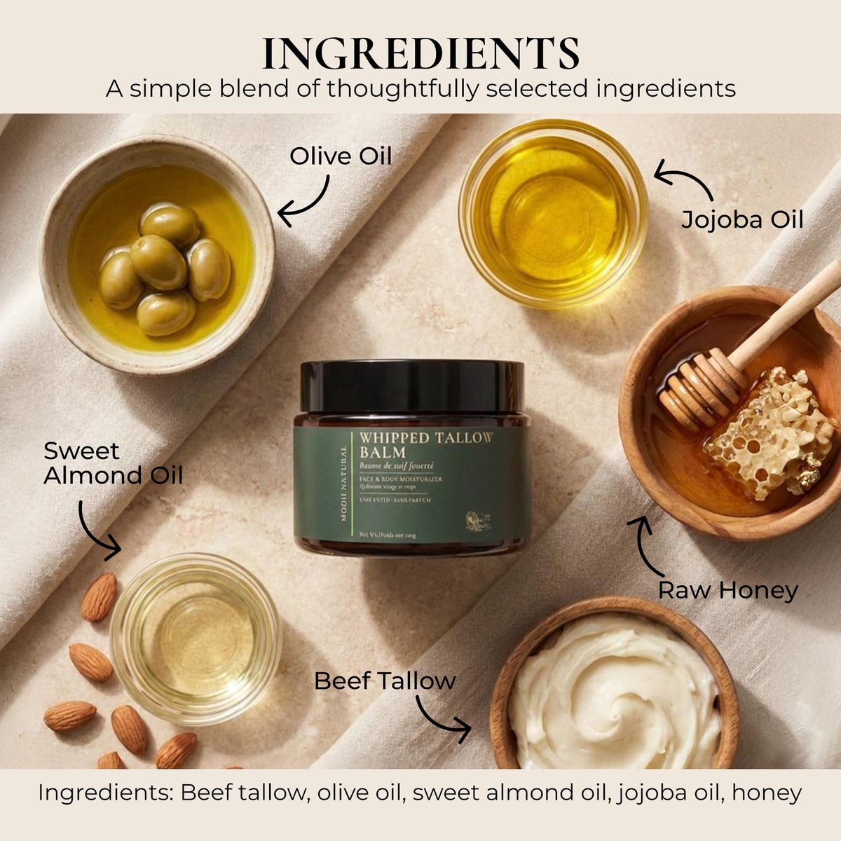 Whipped Beef Tallow Moisturizer - 100% Grass-Fed Tallow Face Balm with Honey, Jojoba Oil, Olive Oil & Sweet Almond Oil - Unscented - 120ml/4oz 🍁 All In One Marketplace Canada