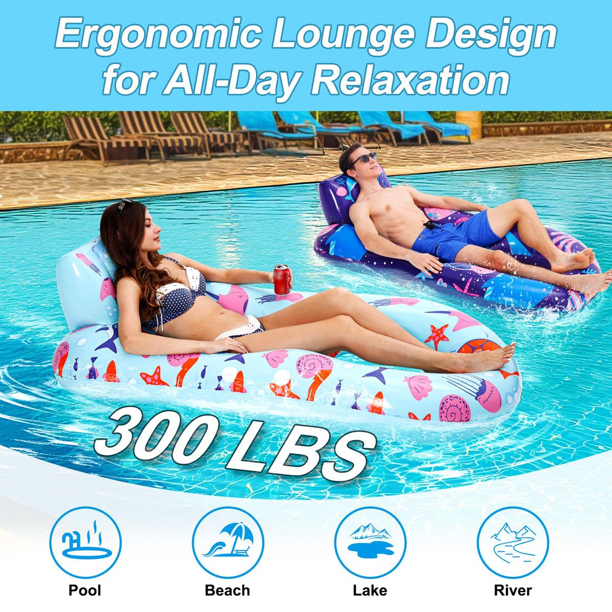 PuppyuWill 2 Pack Pool Floaties for Adults, Inflatable Pool Lounger Float Heavy Duty with Cup Holder, Backrest & Footrest Pool Lounge Float Extra Large Pool Rafts for Adults Beach Lake Party 🍁 All In One Marketplace Canada