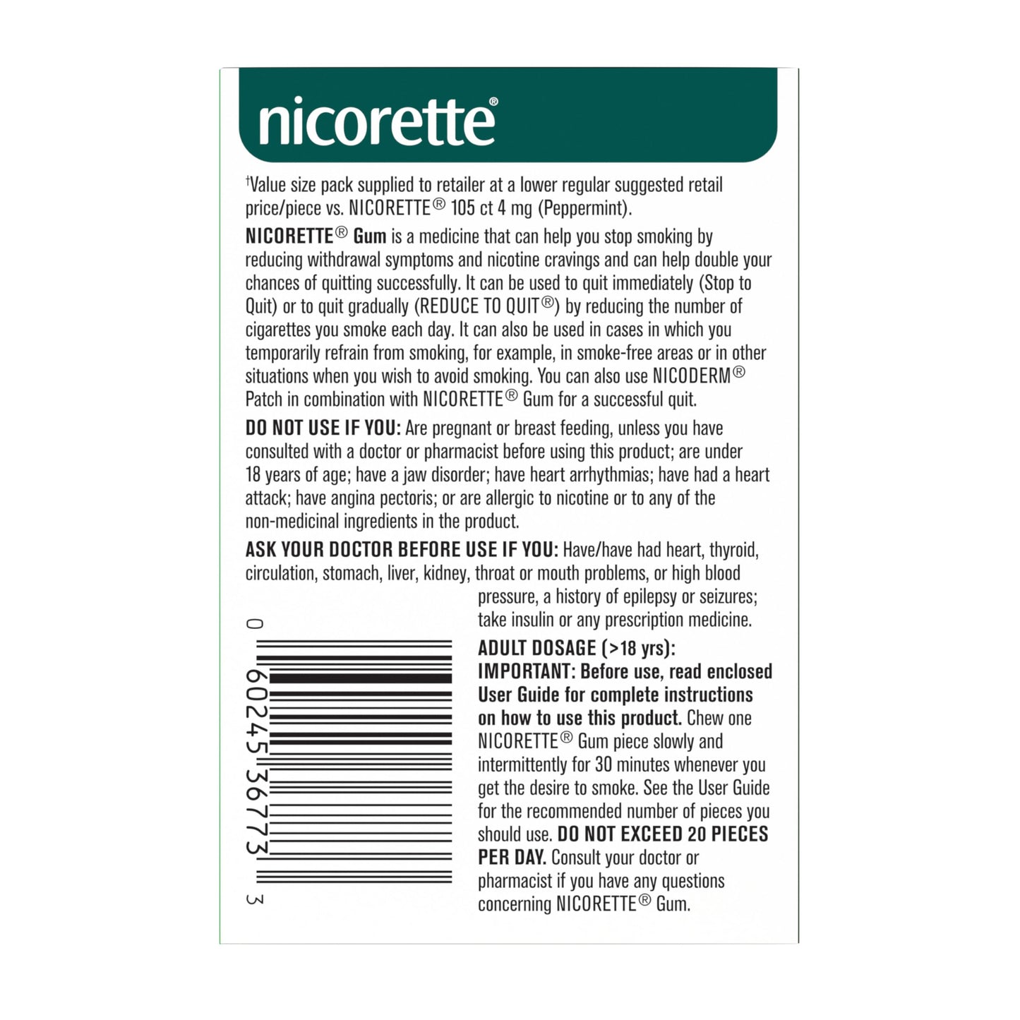Nicorette Peppermint Gum, 4MG, Quit Smoking, Nicotine Gum, Smoking Cessation Aid, NRT, Reduce Cravings, 210 Pack 🍁 All In One Marketplace Canada