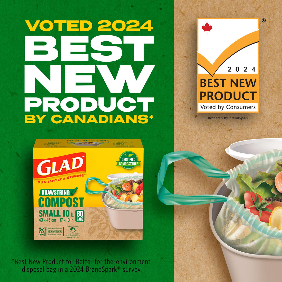 Glad Certified Compostable Drawstring Bags - Small 10 Litres - Drawstring, 80 Compost Trash Bags - Unscented 🍁 All In One Marketplace Canada