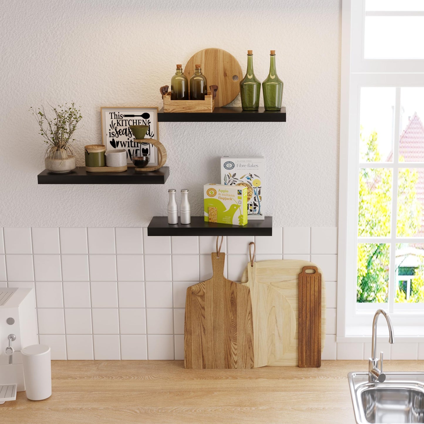 upsimples 16.5" L Black Wooden Floating Shelves with Invisible Brackets, Wall Mounted Modern Wood Shelves Set of 3, for Bathroom Bedroom 🍁 All In One Marketplace Canada