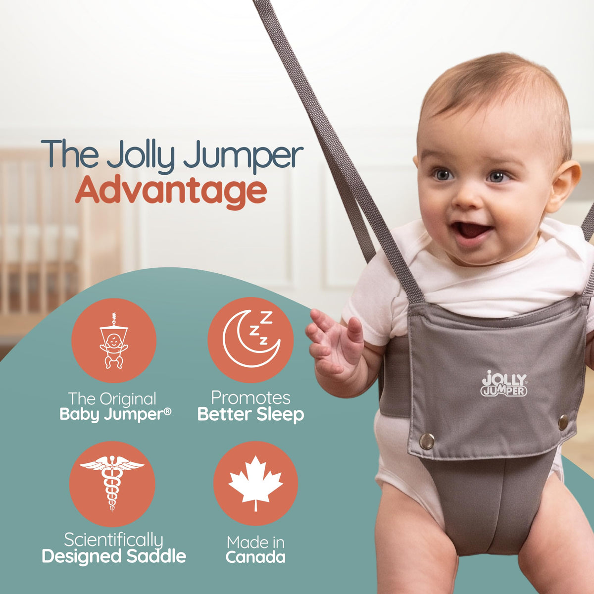 Jolly Jumper ICONIC Doorway Baby Jumper (Grey), Indoor Exercise Saddle Seat, Adjustable Height, for Infants up to 28lbs, No Stand Required 🍁 All In One Marketplace Canada