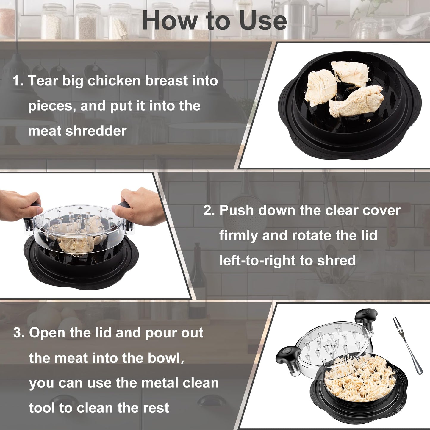 Chicken Shredder Tool Twist Large Chicken Breast Shredder with Brush&Fork, Visible Meat Shredder Machine, Strong Anti-Slip Strip, Ergonomic Handle, BPA Free, Suitable for Pork Beef Chicken (Black) 🍁 All In One Marketplace Canada