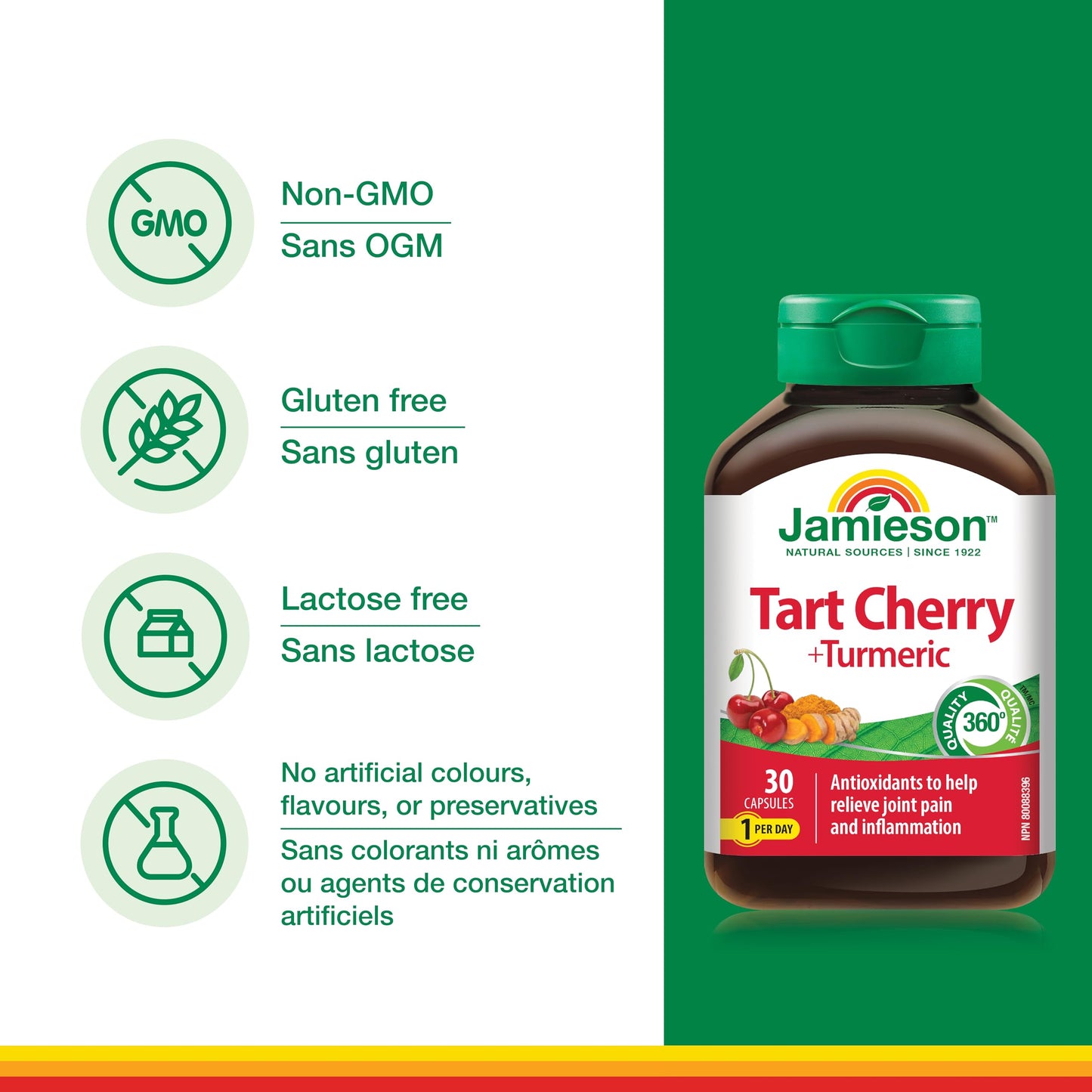 Jamieson Turmeric 100 mg with Tart Cherry 500 mg, Provides Natural Joint Pain Relief, Supports Inflammation, and Helps with Digestion. Non-GMO, 30 Vegetarian Capsules, Proudly Canadian 🍁 All In One Marketplace Canada