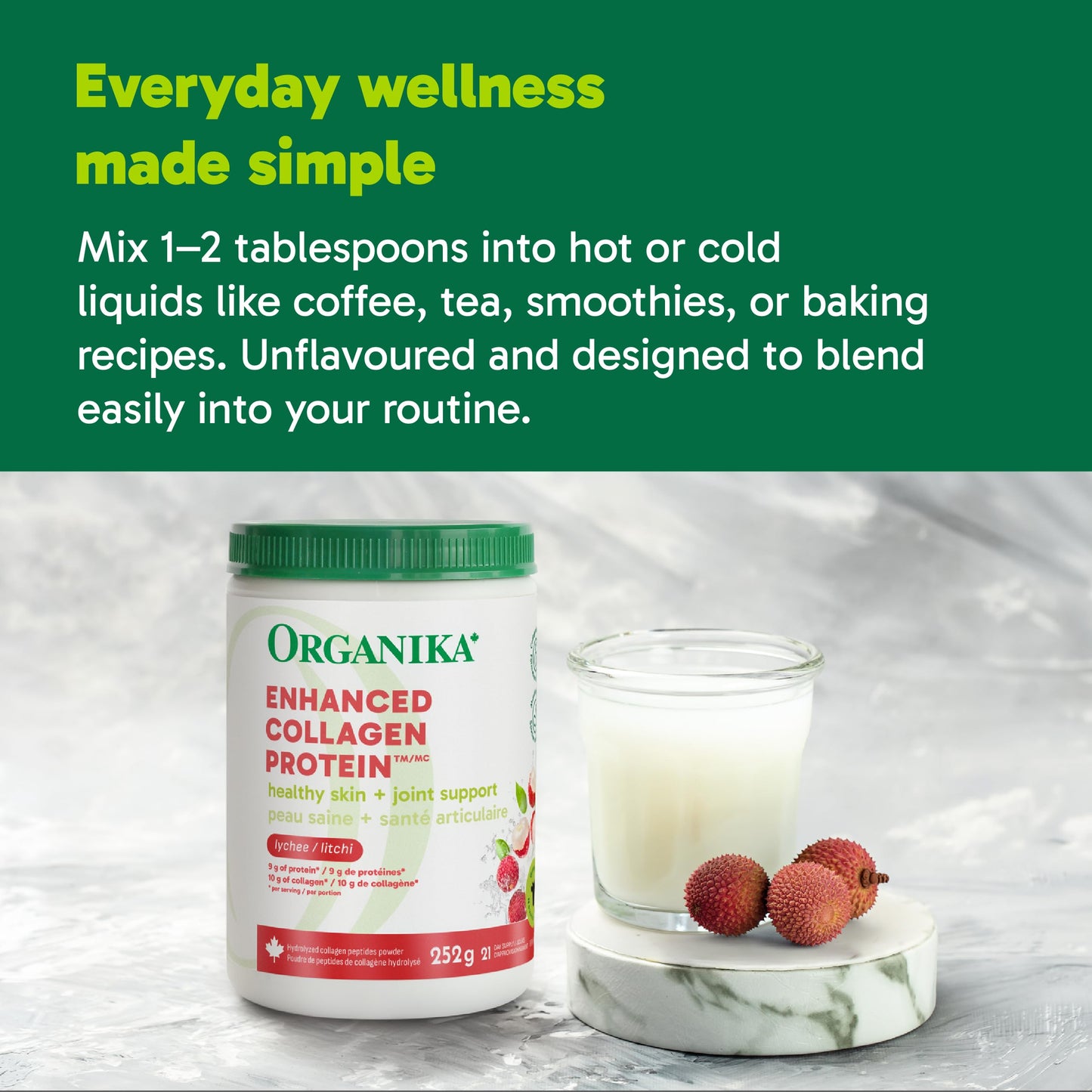 Organika Canadian-Made Enhanced Collagen Protein Powder- Lychee Flavour - Delicious flavour, High Protein Content - Hydrolyzed For Better Absorption – Grass-Fed, Non-GMO - 252g 🍁 All In One Marketplace Canada