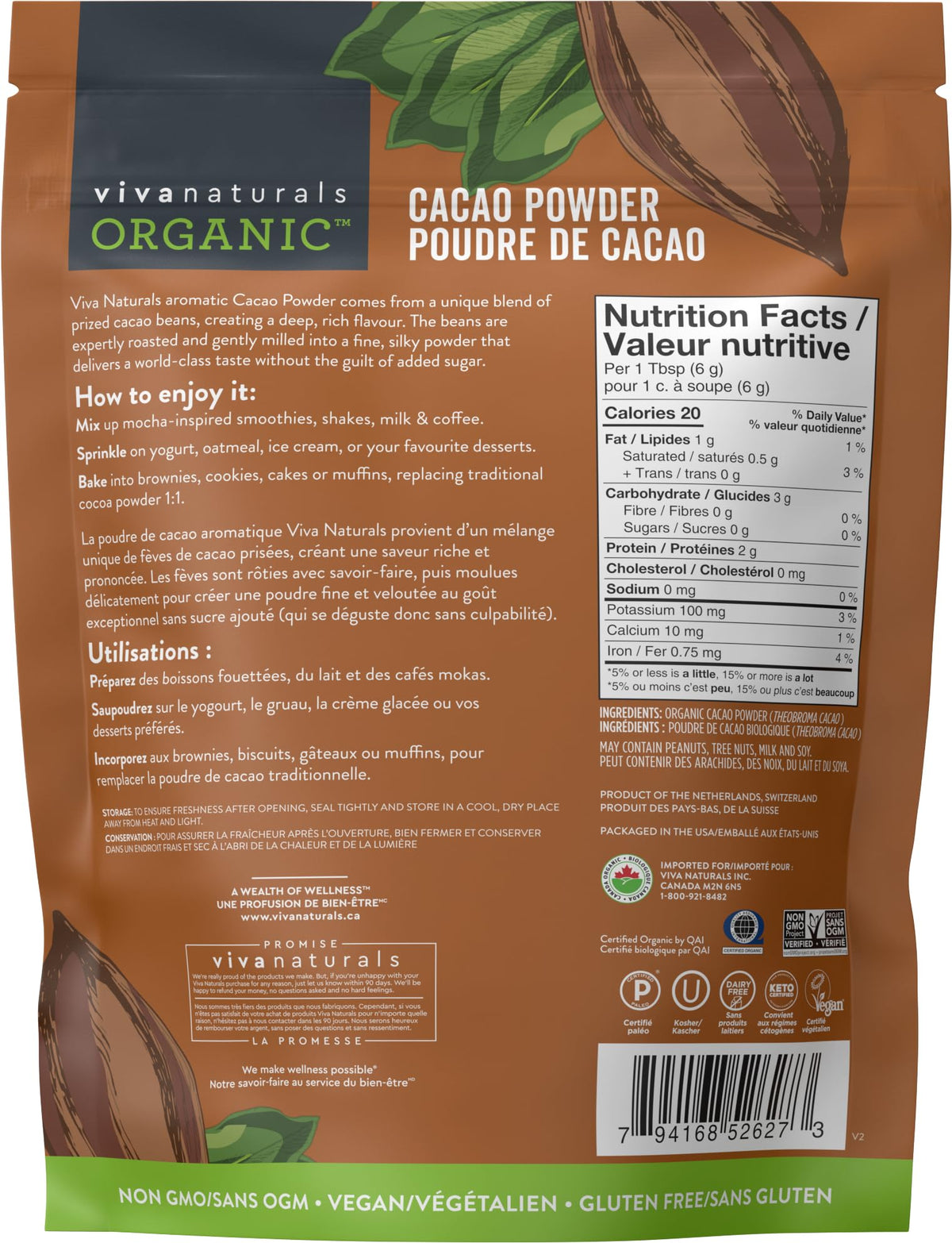 Viva Naturals Organic Cacao Powder, 2lb - Unsweetened Cocoa Powder With Rich Dark Chocolate Flavour, Perfect for Baking & Smoothies - Certified Vegan, Keto & Paleo, Gluten-Free & Non-GMO, 907 g 🍁 All In One Marketplace Canada