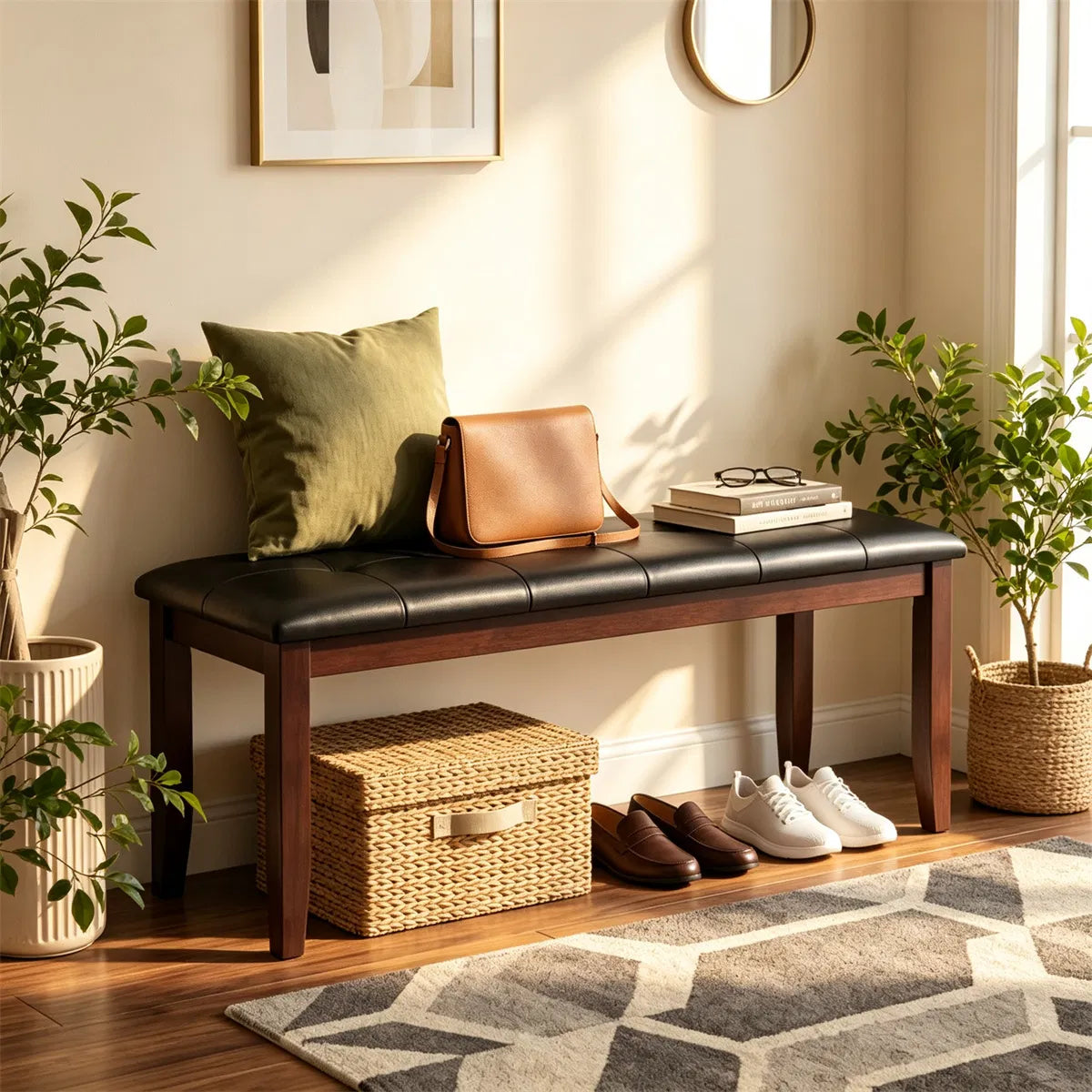 45.5 Inch PU Leather Padded Dining Bench, Solid Rubber Wood, Black and Brown (United States Delivery Only)