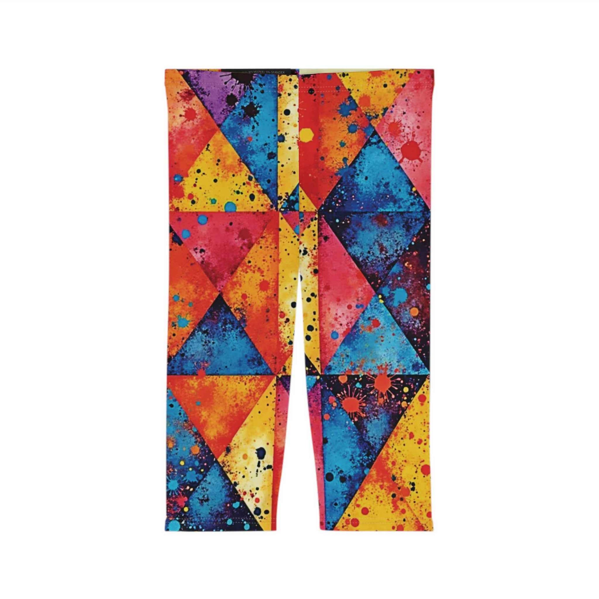 Colorful Geometric Splash Capri Leggings — Vibrant Triangle All-Over Print