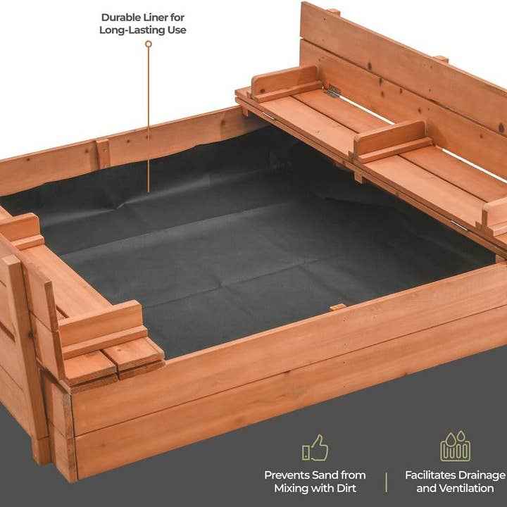 Play22 - Cedar Wood Kids Sandbox with Foldable Bench Seats - Ages 4+
