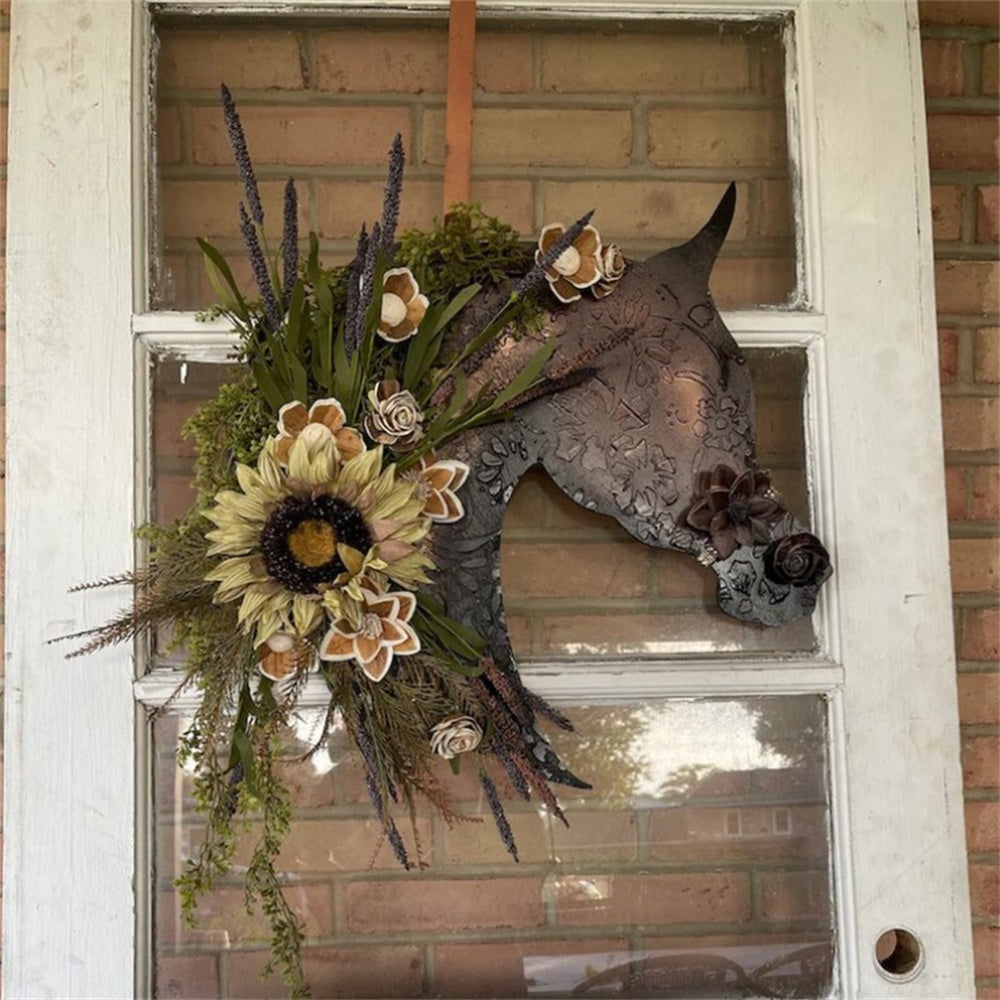Horse Head Christmas Wreath, Artificial Door Hanging Decor with Balls & Pine Cones