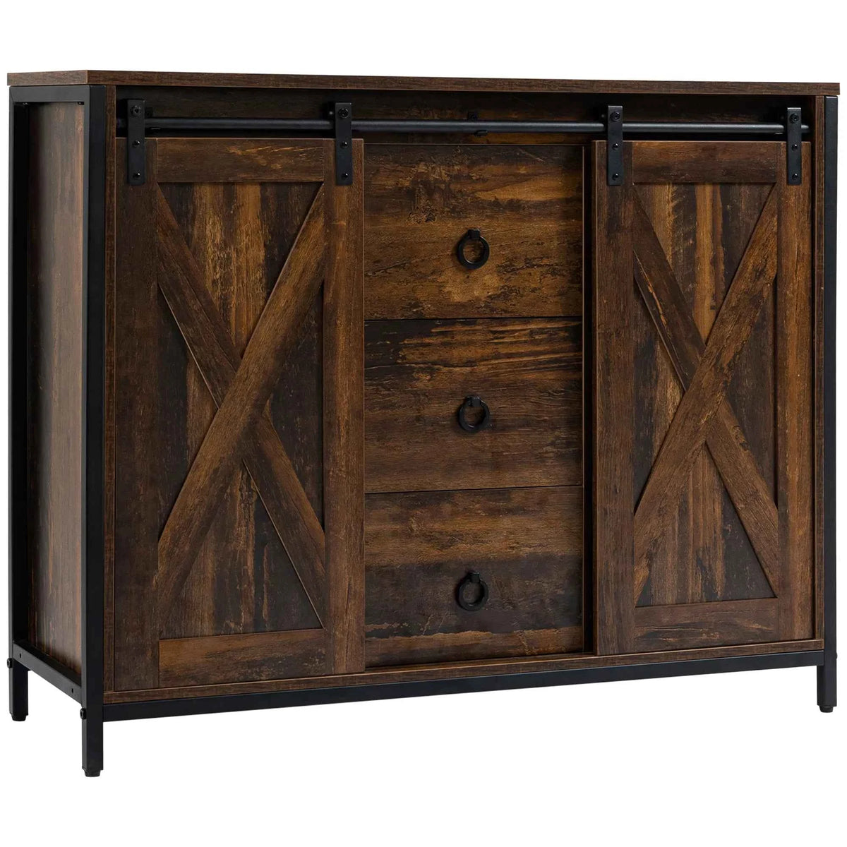 Industrial Rustic Brown Buffet Cabinet – Kitchen Sideboard with Sliding Barn Doors, 3 Drawers & Adjustable Shelves (United States & Canada Delivery Only)