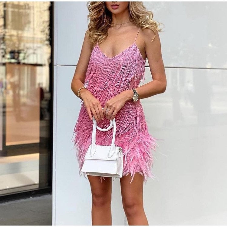 Women’s Sequin Feather Tassel Mini Dress – V-Neck Spaghetti Strap Evening Party Dress
