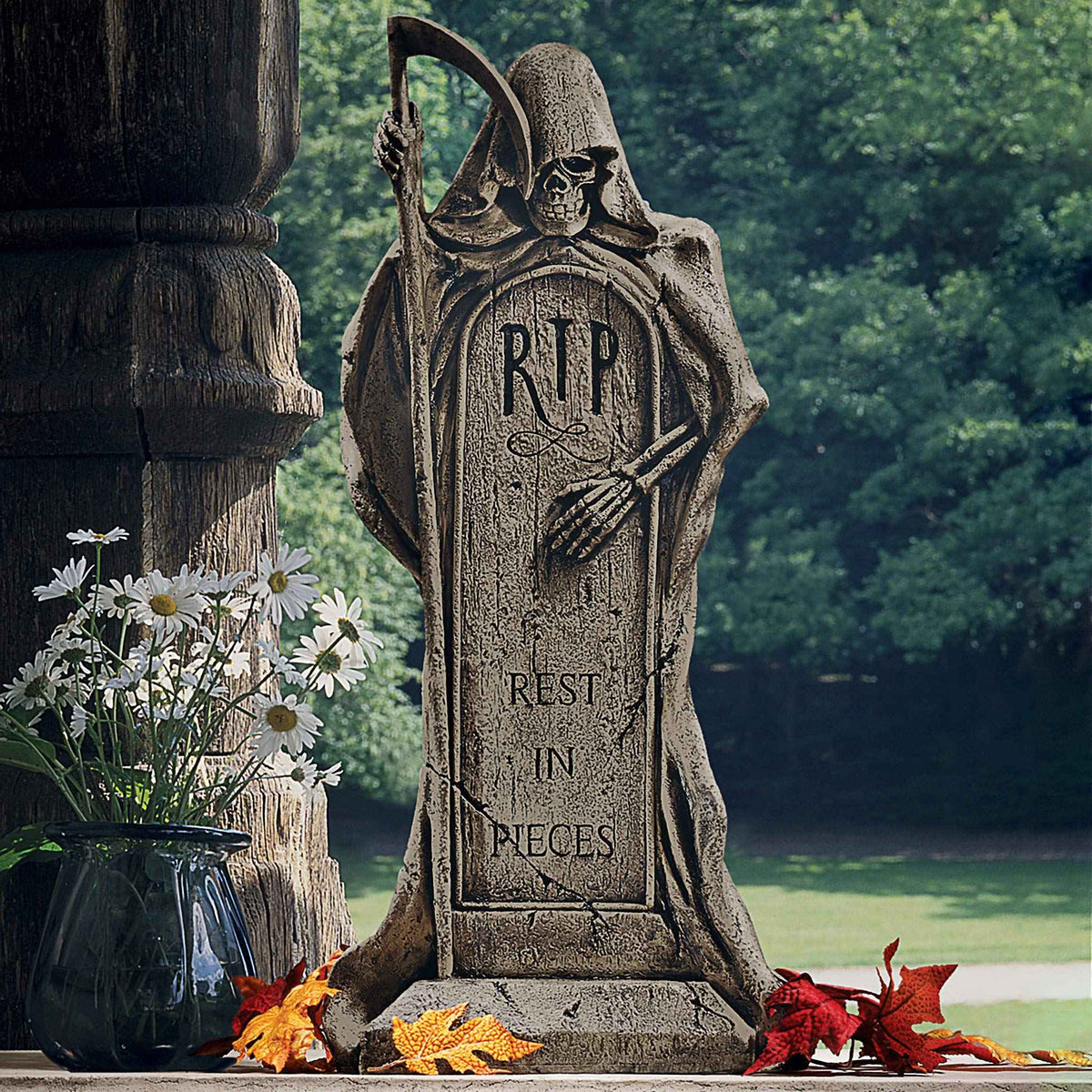 Design Toscano Rest in Pieces Grim Reaper Halloween Tombstone Gothic Decor Garden Graveyard Statue, 64 cm, Polyresin, Greystone