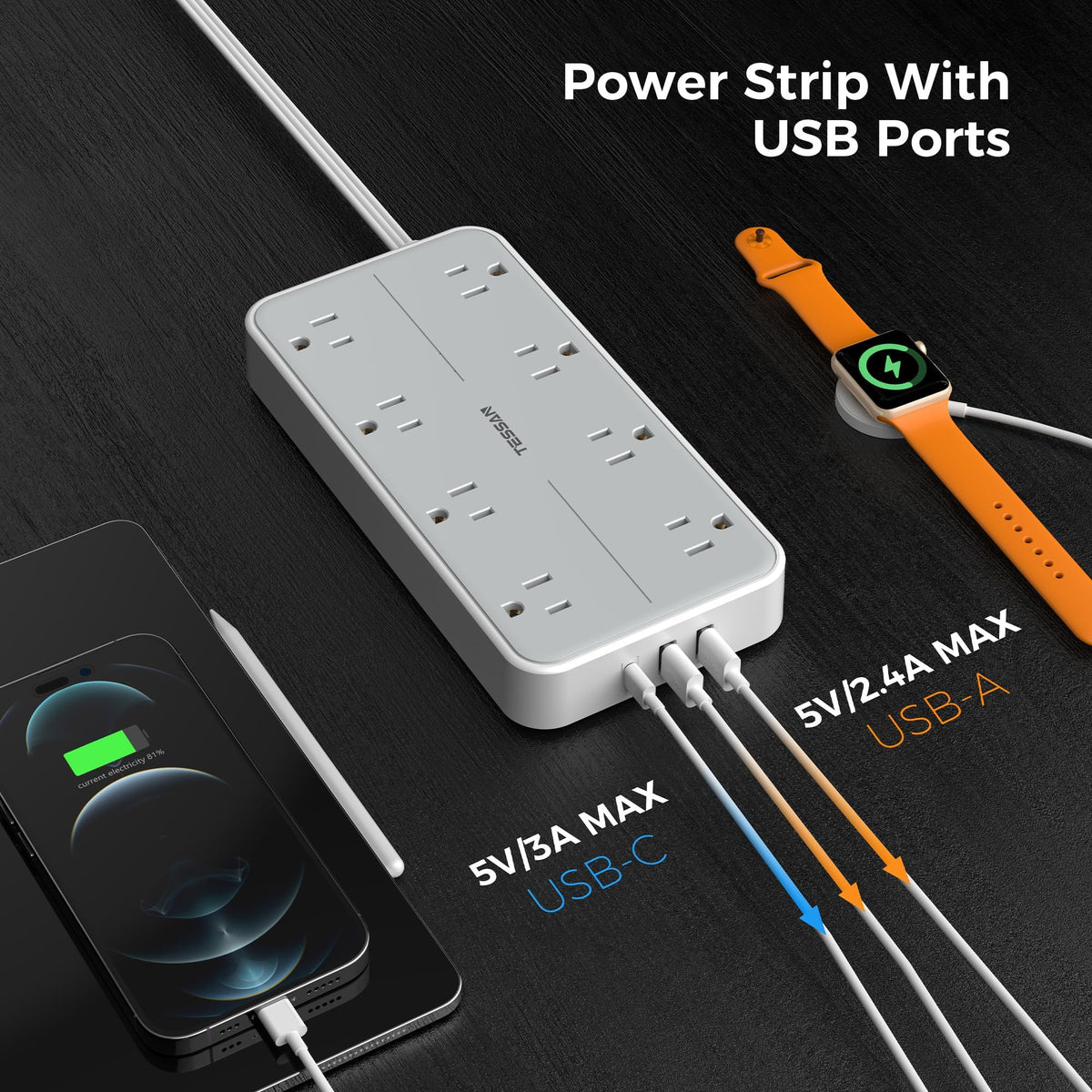 TESSAN Flat Plug Power Bars with Surge Protector 1080J, 6 Ft 🍁 All In One Marketplace Canada