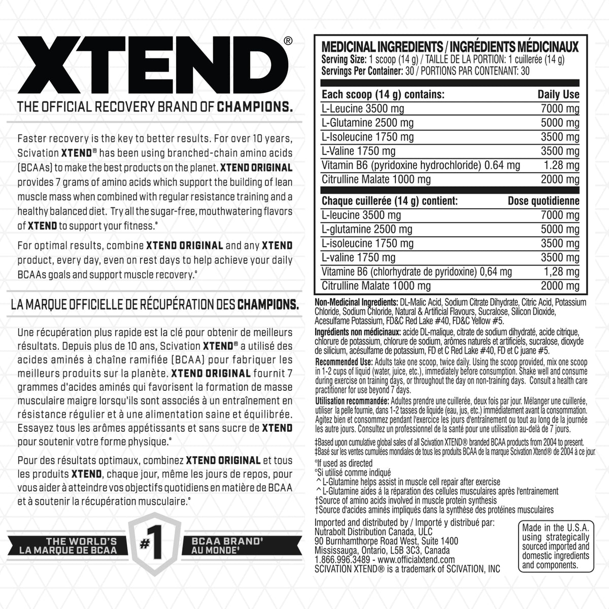 Scivation XTEND Original BCAA Powder - Sugar-Free Muscle Recovery with 7g BCAA, 2.5g L-Glutamine - Mango Madness, 30 Servings 🍁 All In One Marketplace Canada
