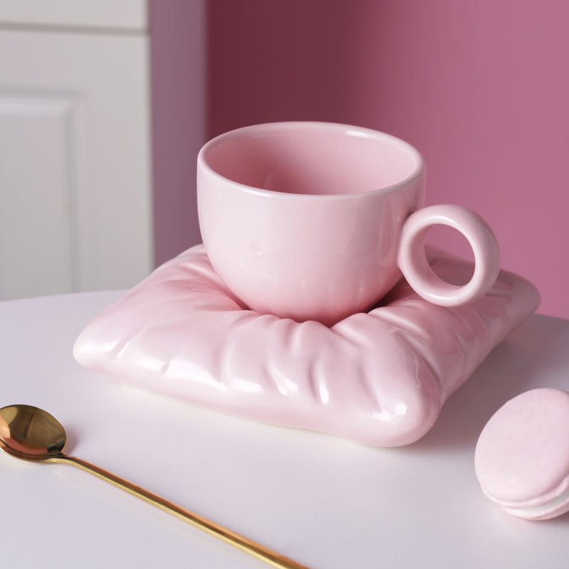 Nordic Ceramic Cup with Pillow Saucer Coaster, Creative Couple Coffee Tea Cup & Saucer Gift Set, 7 Colors