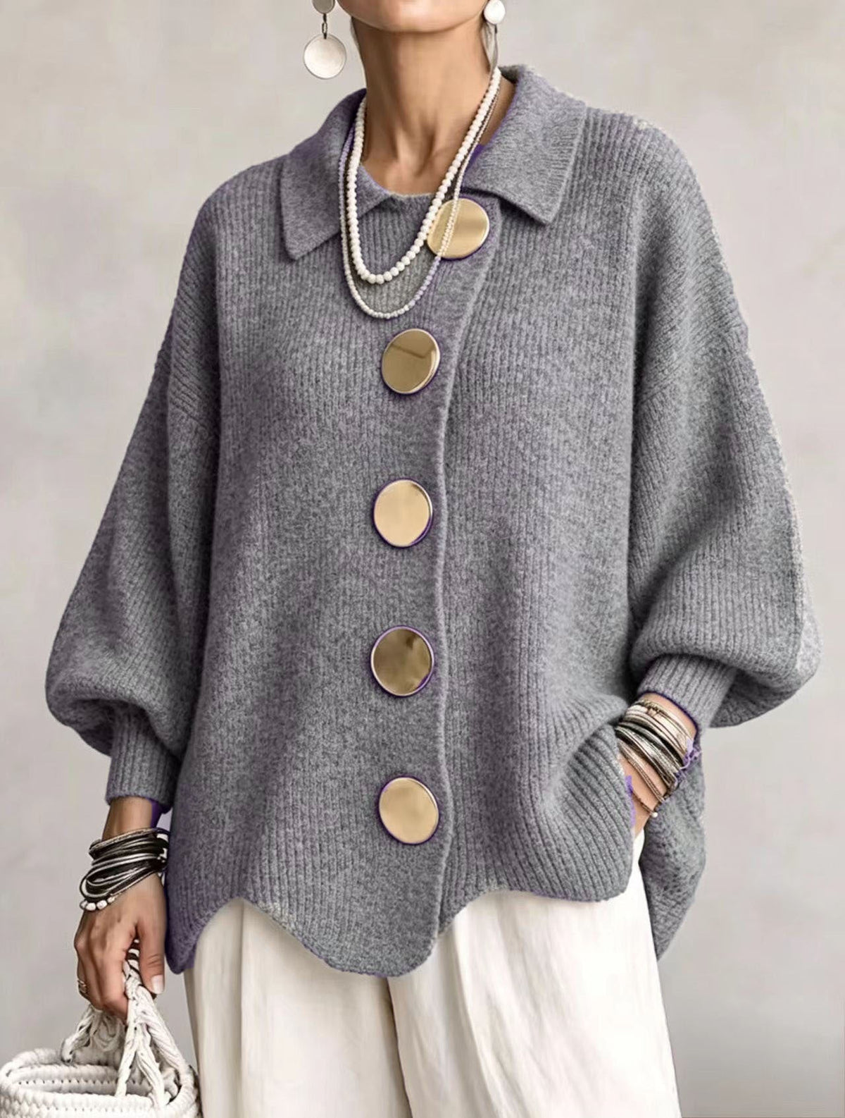 Women’s Button-Down Knit Cardigan – Lapel Collar Long-Sleeve Loose-Fit Fall & Winter Sweater