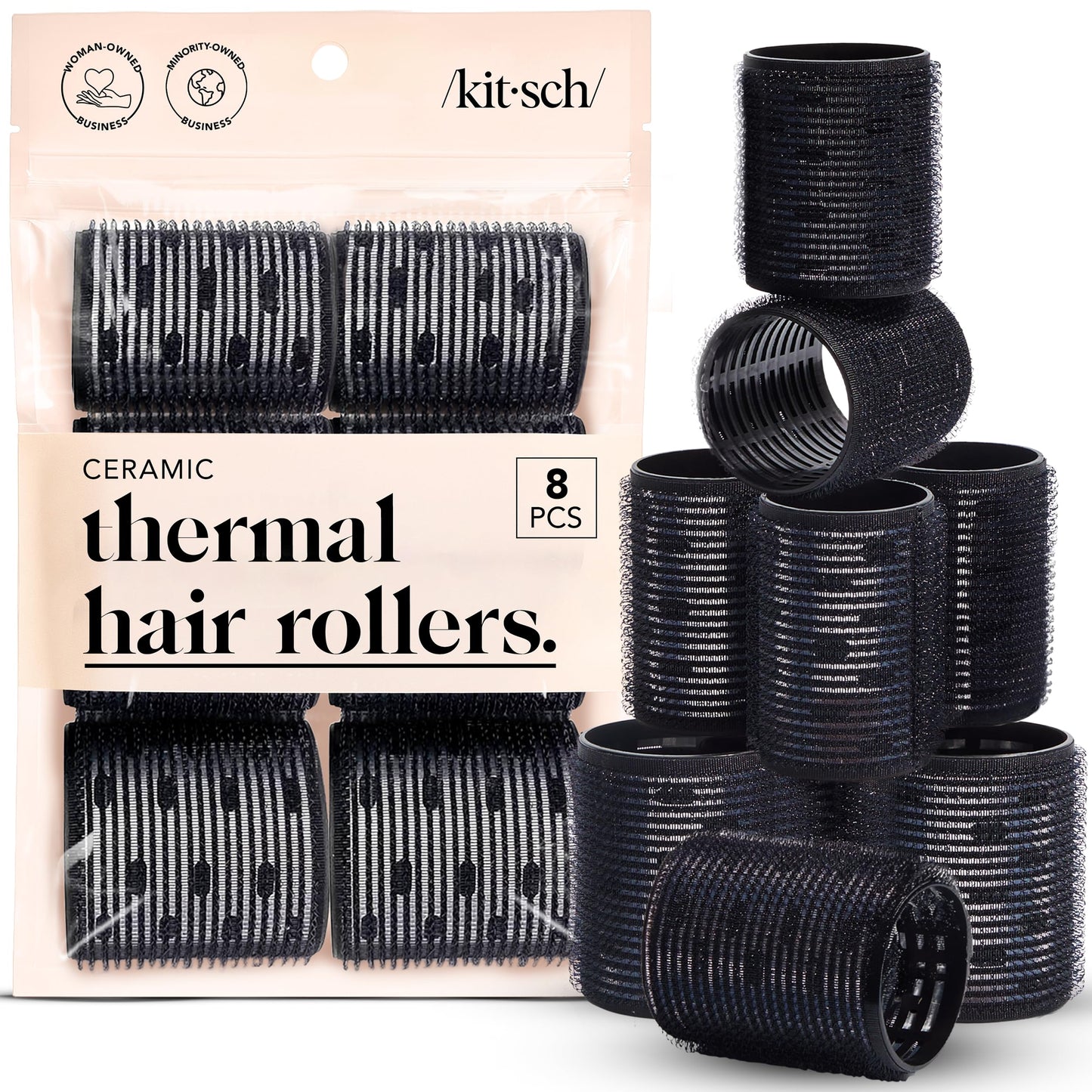 Kitsch Ceramic Thermal Hair Rollers for Women – Self Grip Hair Curlers for Heatless Curls Overnight - Volumizing Large Rollers for Short & Long Hair - For Long Lasting Frizz-Free Curls - Black, 8pcs 🍁 All In One Marketplace Canada