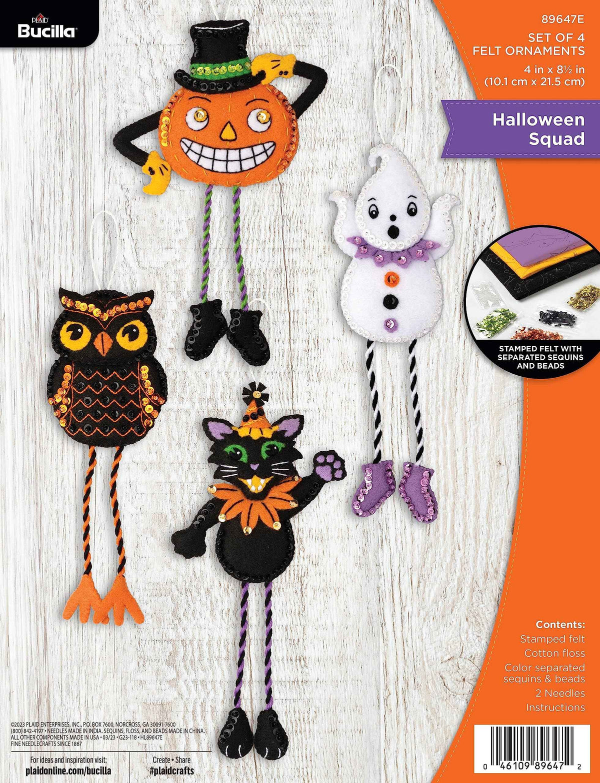 Bucilla Felt Applique 4 Piece Ornament Making Kit, Halloween Squad, Perfect for Halloween DIY Needlepoint Arts and Crafts, 89647E