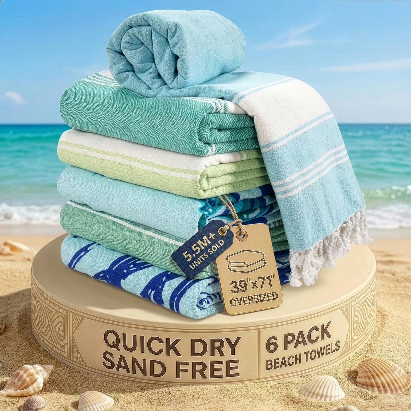 Lane Linen Turkish Beach Towels Set of 6, Oversized Beach Towel, Lightweight Beach Essentials for Women, Large Pool Towel, Absorbent & Quick Dry, Sand Free Beach Towel, 39"x71" - Tropical Breeze 🍁 All In One Marketplace Canada