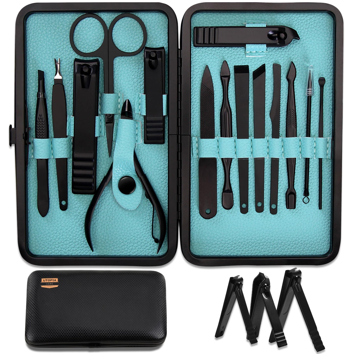 Utopia Care - 15 in 1 Stainless Steel Professional Manicure Pedicure Set Nail Clippers Kit – Portable Travel Grooming Kit - Facial, Cuticle and Nail Care for Men and Women (Black) 🍁 All In One Marketplace Canada