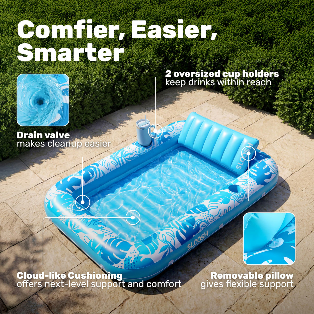 Sloosh Inflatable Tanning Pool Lounger Float-XL, 85" x 57" Extra Large Suntan Sun Tan tub for Adults, Bed Blow up, Raft Lounge Floatie, XL-Blue 🍁 All In One Marketplace Canada