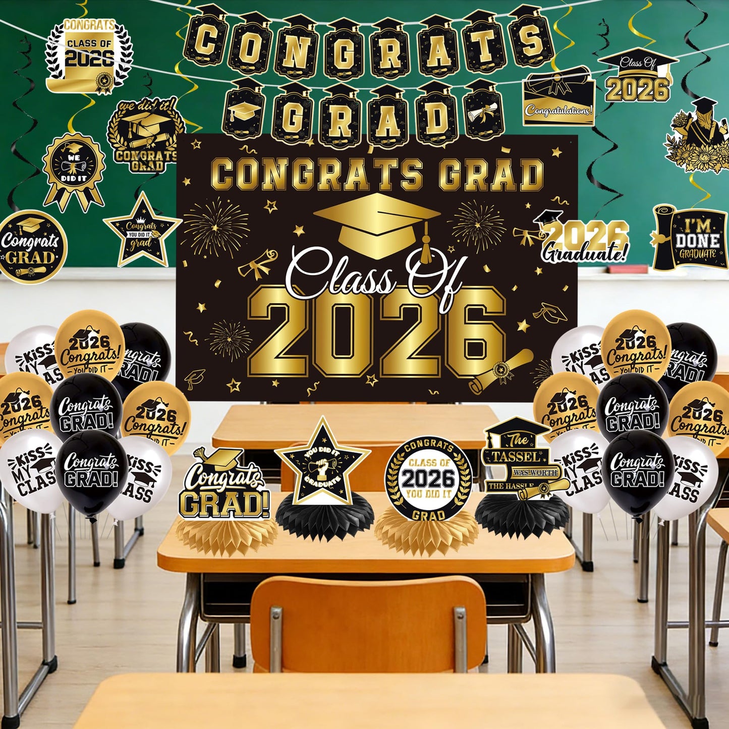Graduation Decorations 2026 Black Gold 35PCS, Pre-Strung Congrats Grad Banner, Class of 2026 Backdrop, Balloons, Hanging Swirls, Graduation Party Decorations,PRE-ASSEMBLED 🍁 All In One Marketplace Canada