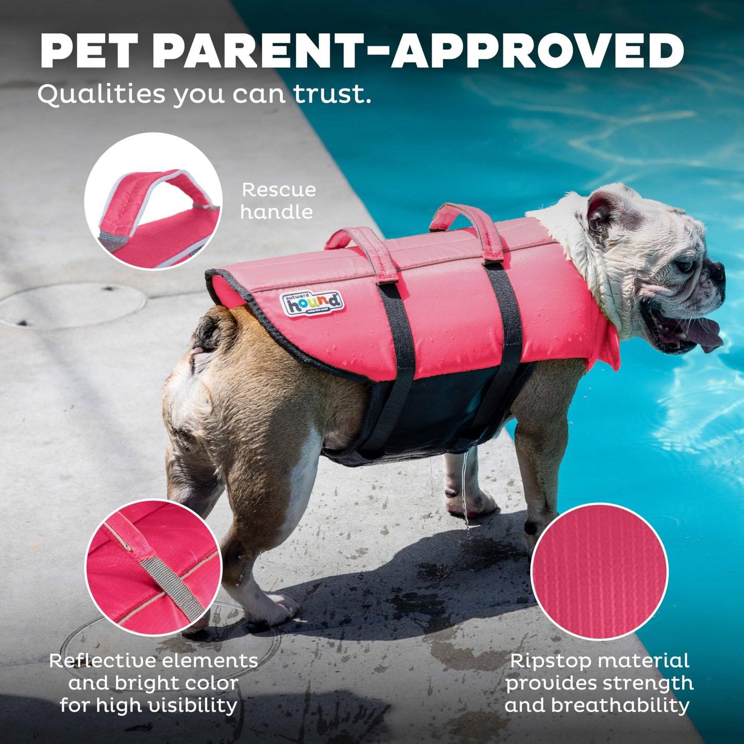 Outward Hound Granby Splash Dog Life Jacket with Handle, Reflective Floating Vest for Swimming & Boating, Maximum Buoyancy, All Skill Levels, Small Dogs & Puppies (16–20" Girth), Pink, Small 🍁 All In One Marketplace Canada