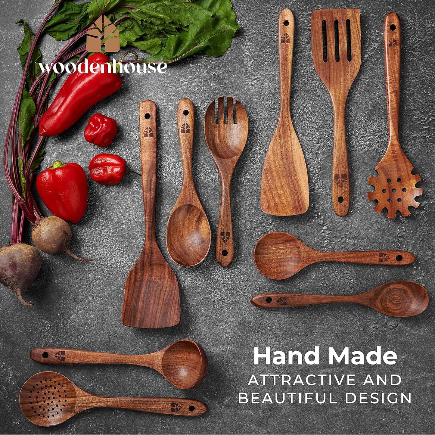 Wooden Spoons for Cooking, Kitchen Utensil Set, 10 Pcs Cooking Utensils Set for Nonstick Pans & Cookware – Study Teak Wood, Lightweight & Heat Resistant 🍁 All In One Marketplace Canada