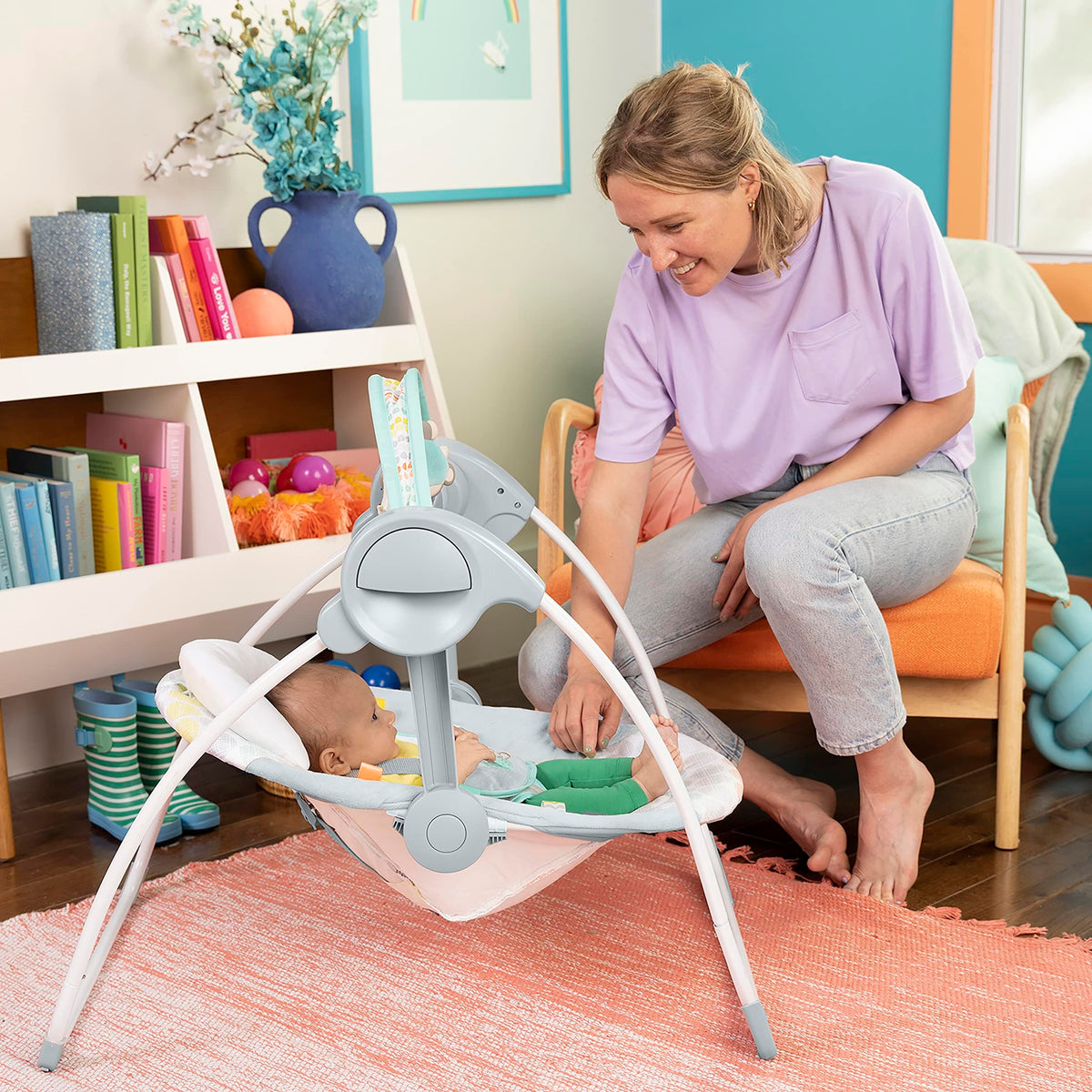 Bright Starts Portable Automatic 6-Speed Baby Swing, Compact Easy-Fold, Music, Toy Bar, 0-9 Months 6-20 lbs (Whimsical Wild) 🍁 All In One Marketplace Canada