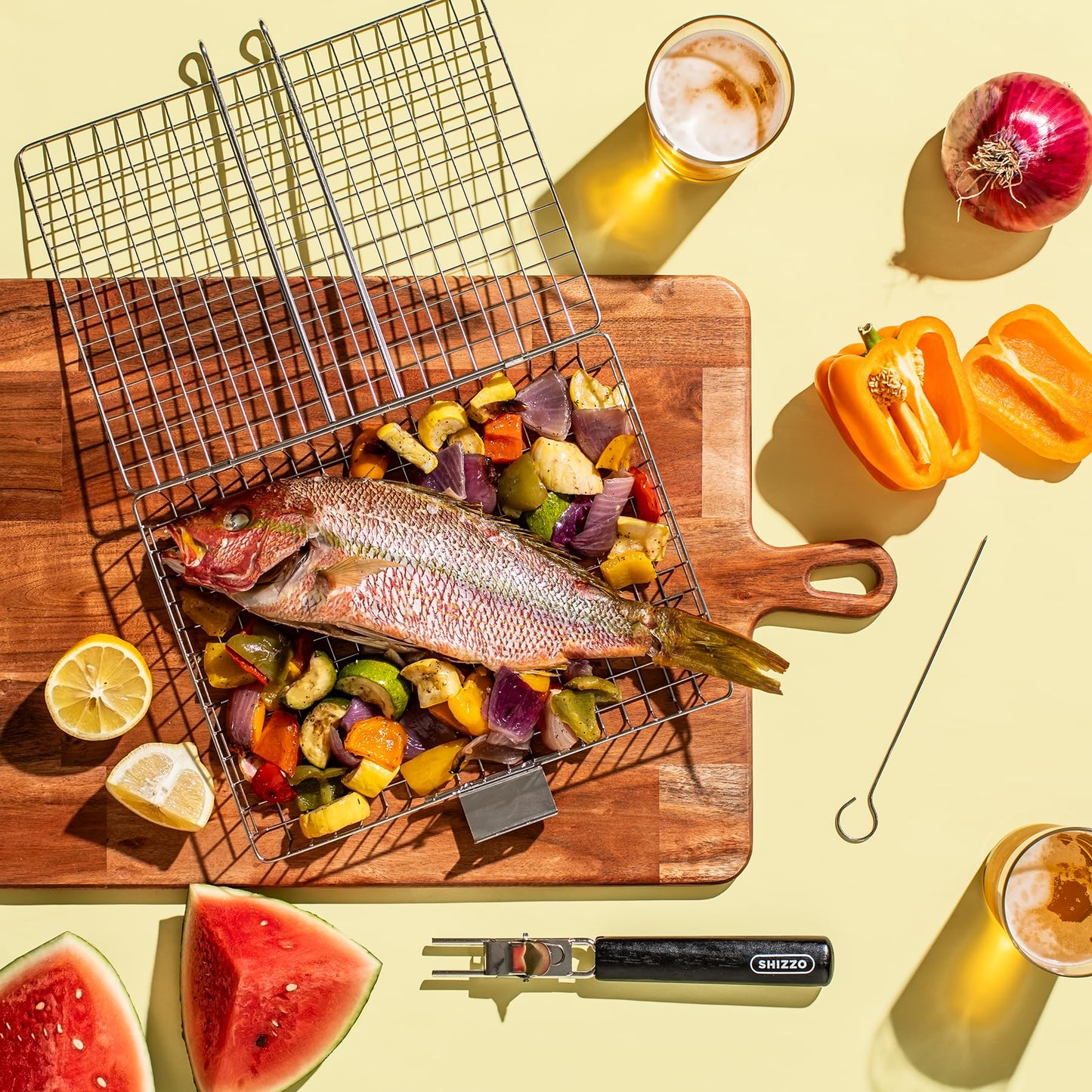 SHIZZO Grill Basket Value Set, Barbecue BBQ Grilling Basket , Stainless Steel Large Folding Grilling baskets With Handle, Portable Outdoor Camping BBQ Rack for Fish, Shrimp, Vegetables, Barbeque Griller Cooking Accessories, Gift, Gifts for father, dad, hu