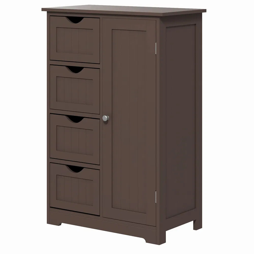 Brown Bathroom Storage Cabinet – Freestanding Floor Cabinet with 4 Drawers & Adjustable Shelf (United States & Canada Delivery Only)