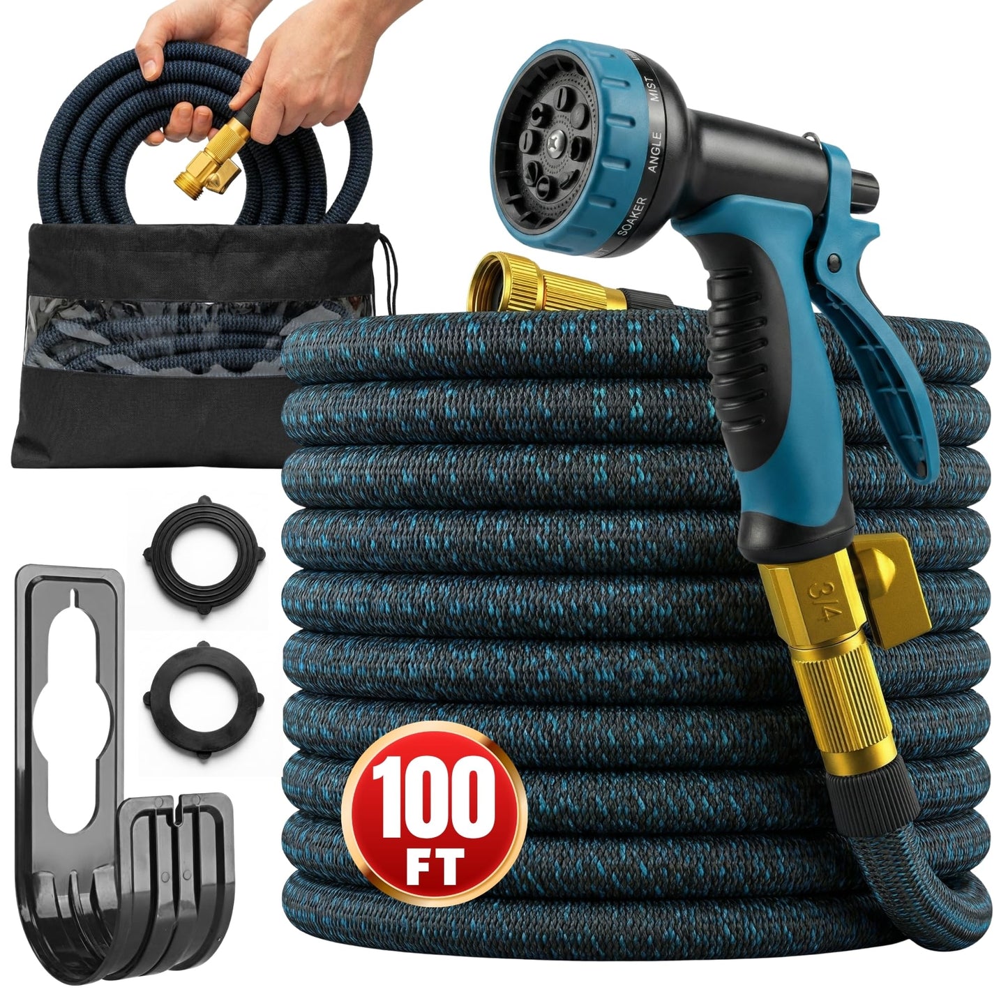 100ft Garden Hose with 10 Function Spray Nozzle, Expandable Garden Hose, 3/4" Easy Removal Solid Brass Connector, Flexible Water Hose, Extra Durable Material, Black&Blue by Luft 🍁 All In One Marketplace Canada