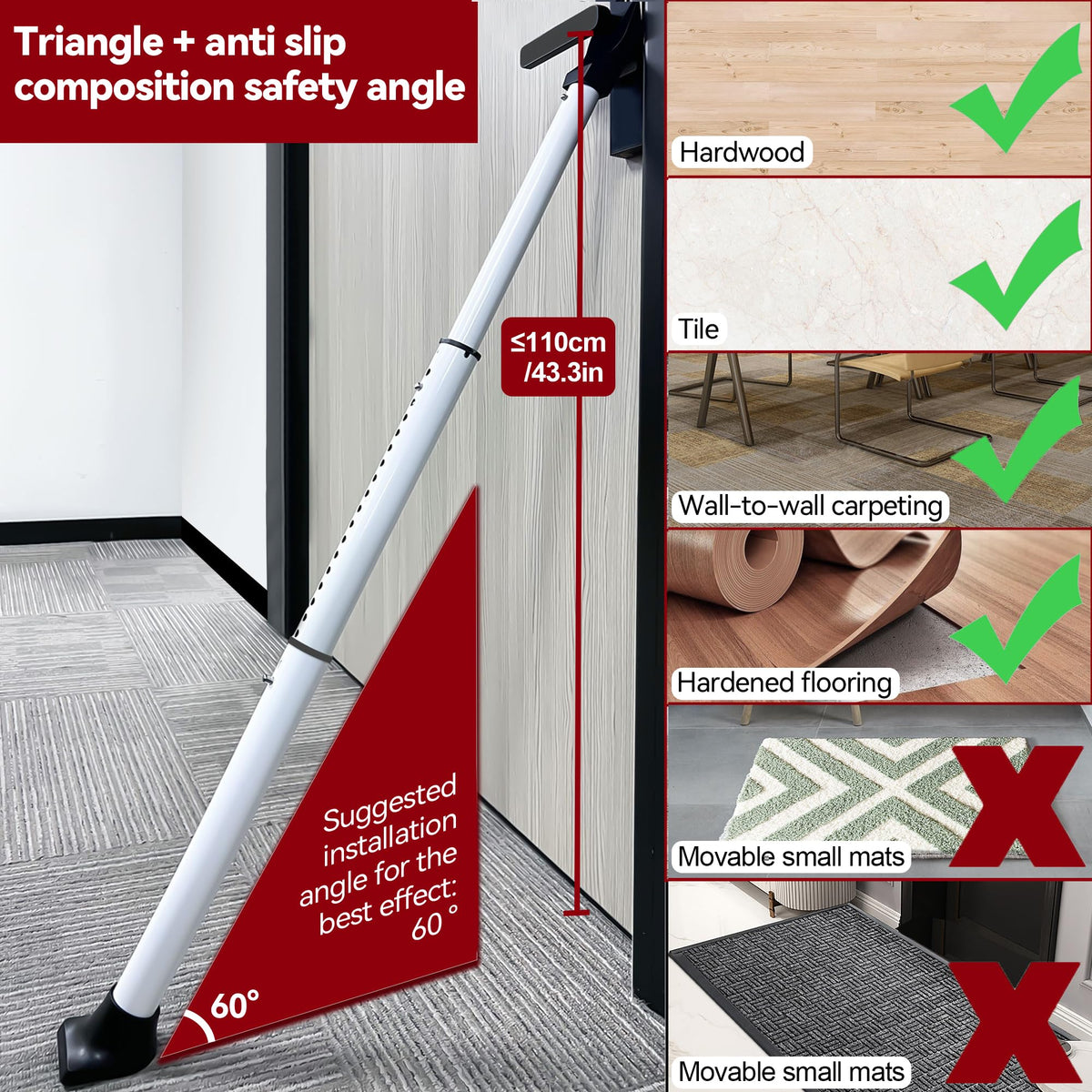 AceMining Upgraded Door Security Bar & Sliding Patio Door Security Bar, Heavy Duty Security Door Stoppers Adjustable Door Jammer for Home, Apartment, Travel (1 Pack,White) 🍁 All In One Marketplace Canada