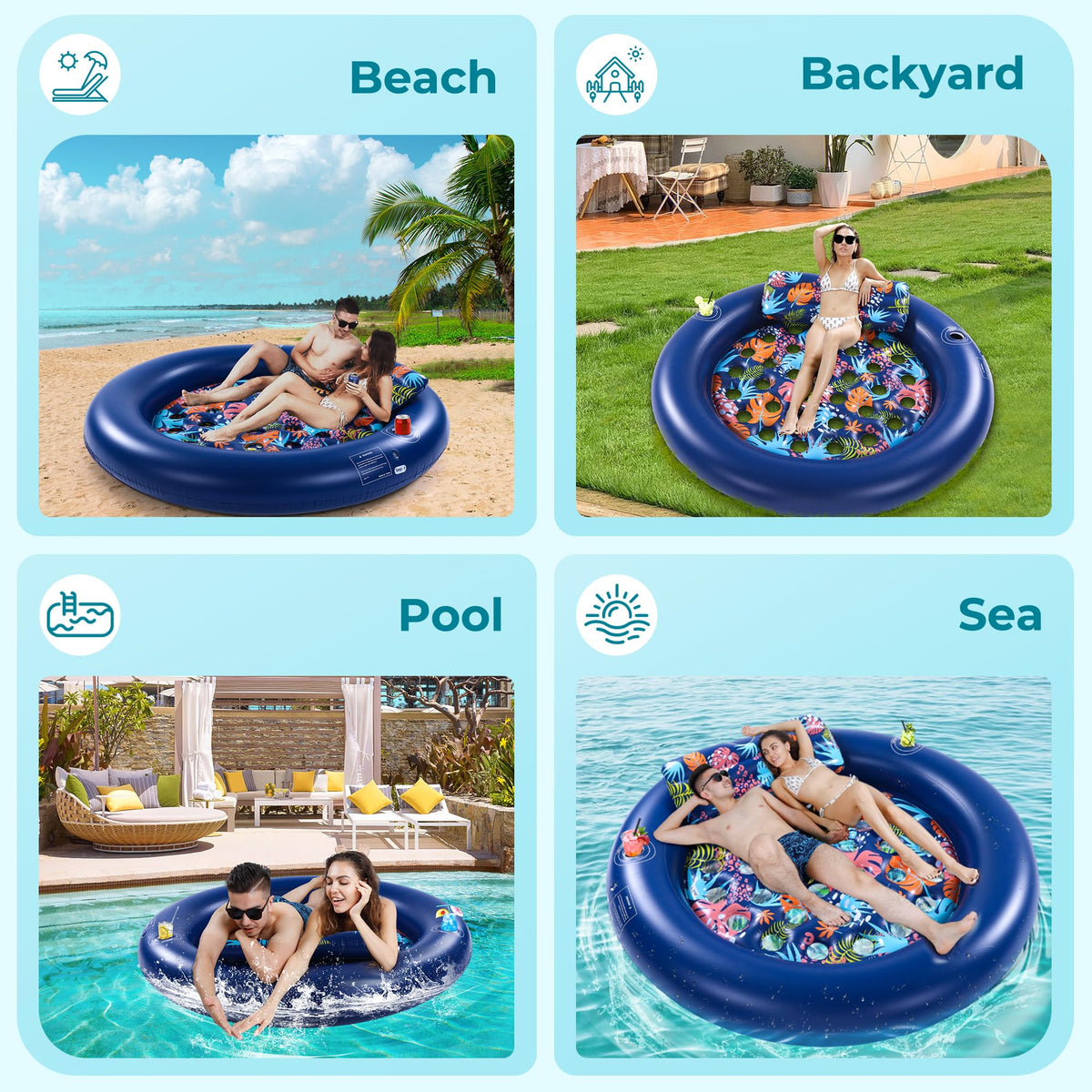 2-Person Pool Floaties for Adults Heavy Duty, Giant 75"X75" Inflatable Pool Matswith Canopy, Cup Holders, Detachable Headrest, Multi-Purpose Water Lounger for Pool Party, Lake, Beach, River, Outdoor 🍁 All In One Marketplace Canada