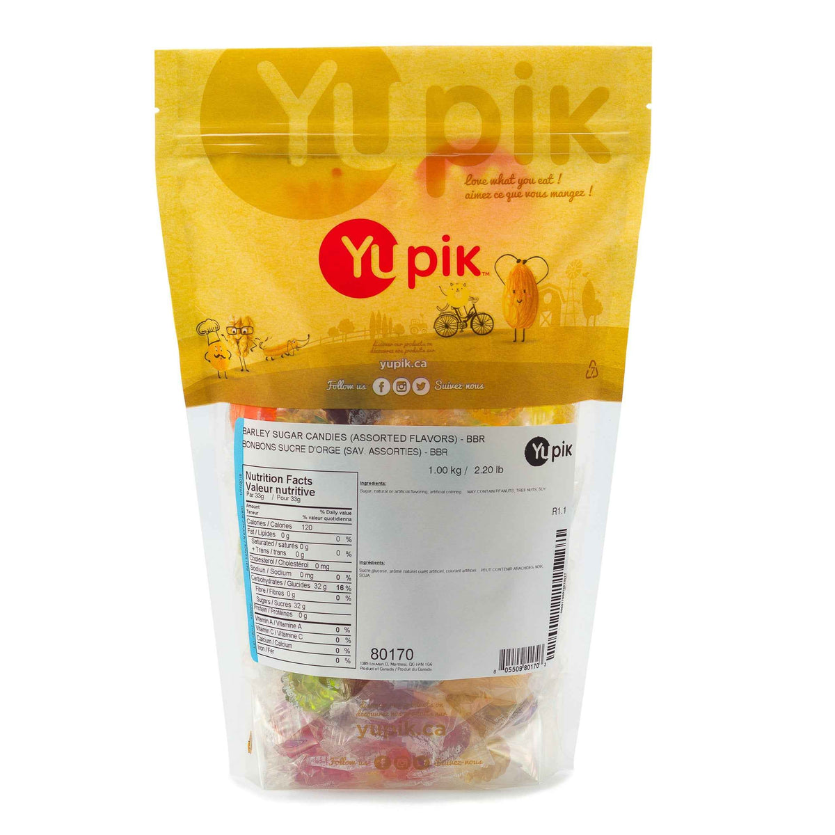 Yupik Assorted Barley Sugar Candies, 1 kg, Gluten-Free, Fat-Free, Individually Wrapped Hard Candies, Perfect for Snacking, Gifting & Halloween Treats