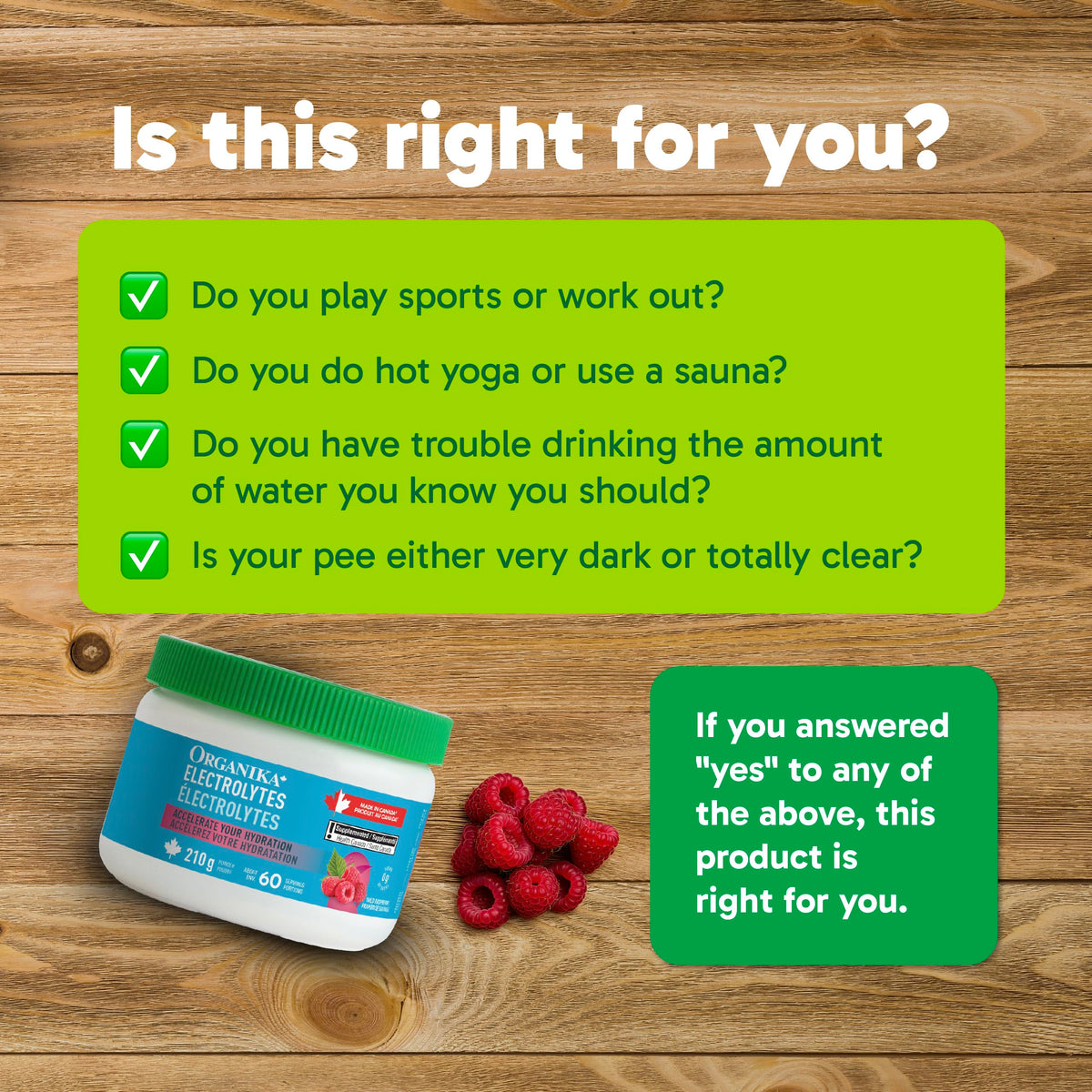Organika Canadian-Made Electrolytes Powder with Vitamin C & Prebiotic Fibre - Sugar-Free Hydration Drink Mix - Wild Raspberry - 210 g - 60 servings 🍁 All In One Marketplace Canada