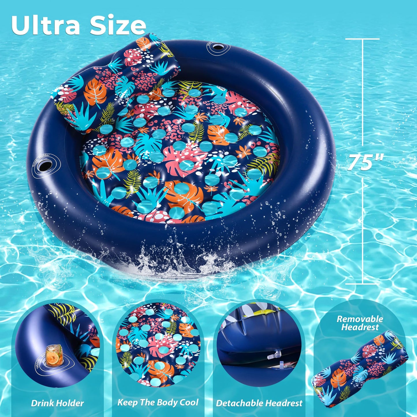 2-Person Pool Floaties for Adults Heavy Duty, Giant 75"X75" Inflatable Pool Matswith Canopy, Cup Holders, Detachable Headrest, Multi-Purpose Water Lounger for Pool Party, Lake, Beach, River, Outdoor 🍁 All In One Marketplace Canada
