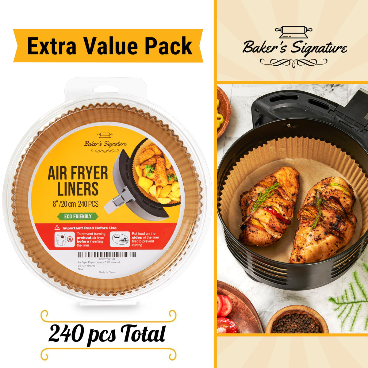 Baker's Signature Disposable 8" Round Air Fryer Parchment Paper Liner, 250 Pcs - Compatible with Up to 5.8 qt Baskets (Package May Vary) 🍁 All In One Marketplace Canada