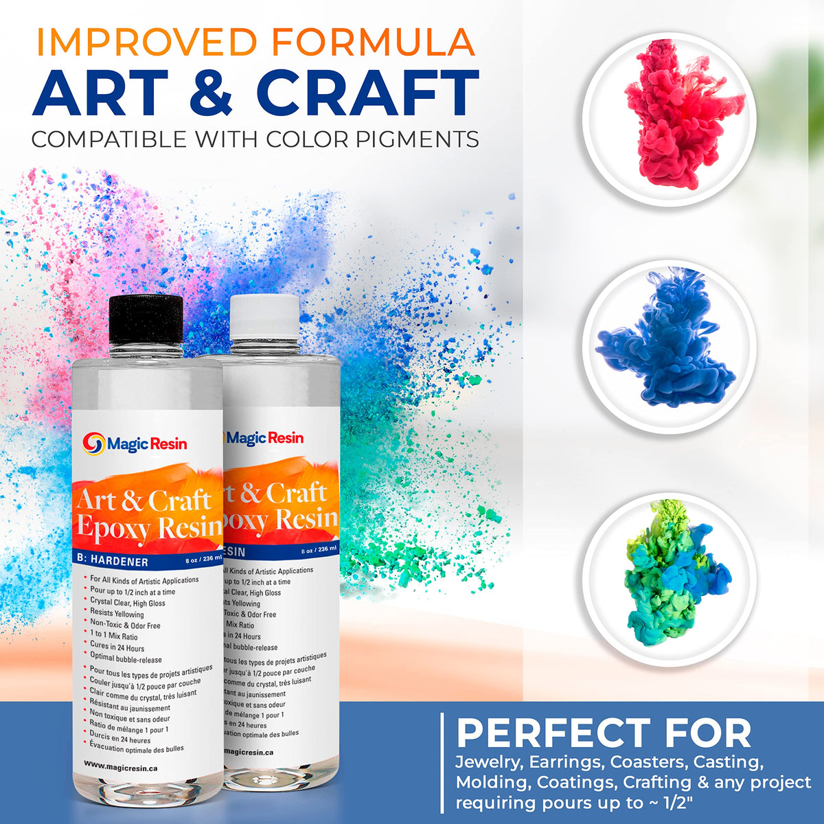 Epoxy Resin Kit for Art & Craft | 16oz (473ml) | UV Resistant | Clear Epoxy Resin | Jewelry, Earrings, Coasters, Casting, Molding, Crafting & more | Includes 2 pairs of gloves, 2 cups, 4 sticks & mica 🍁 All In One Marketplace Canada
