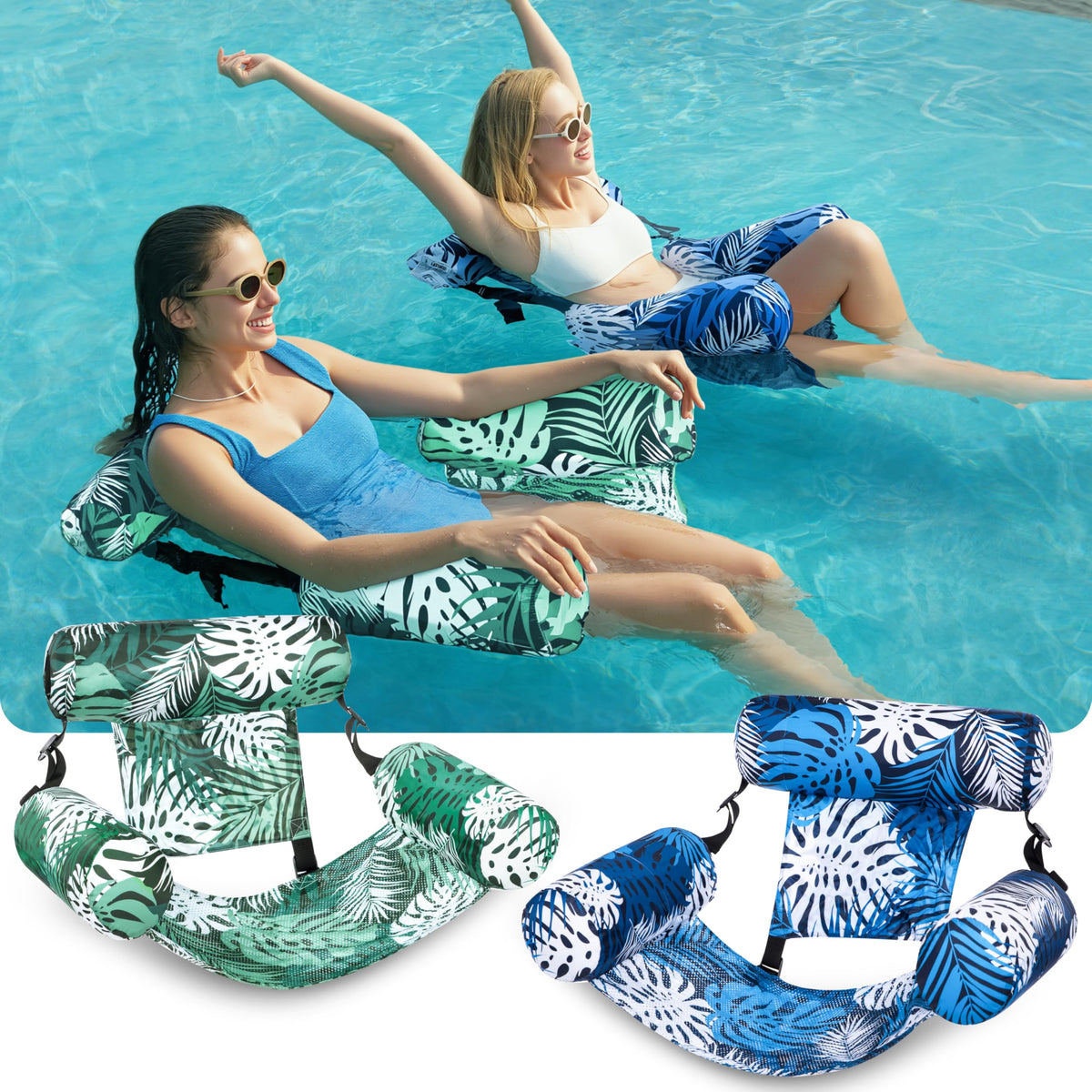 SLOOSH Inflatable Pool Floats Adult,2 Packs Floating Lounge Chairs,Blow up Pool Noodles for Adult Heavy Duty,Floating Chair for Party Summer Water Beach Lake Fun,Tropical Leaves-Green,Blue 🍁 All In One Marketplace Canada