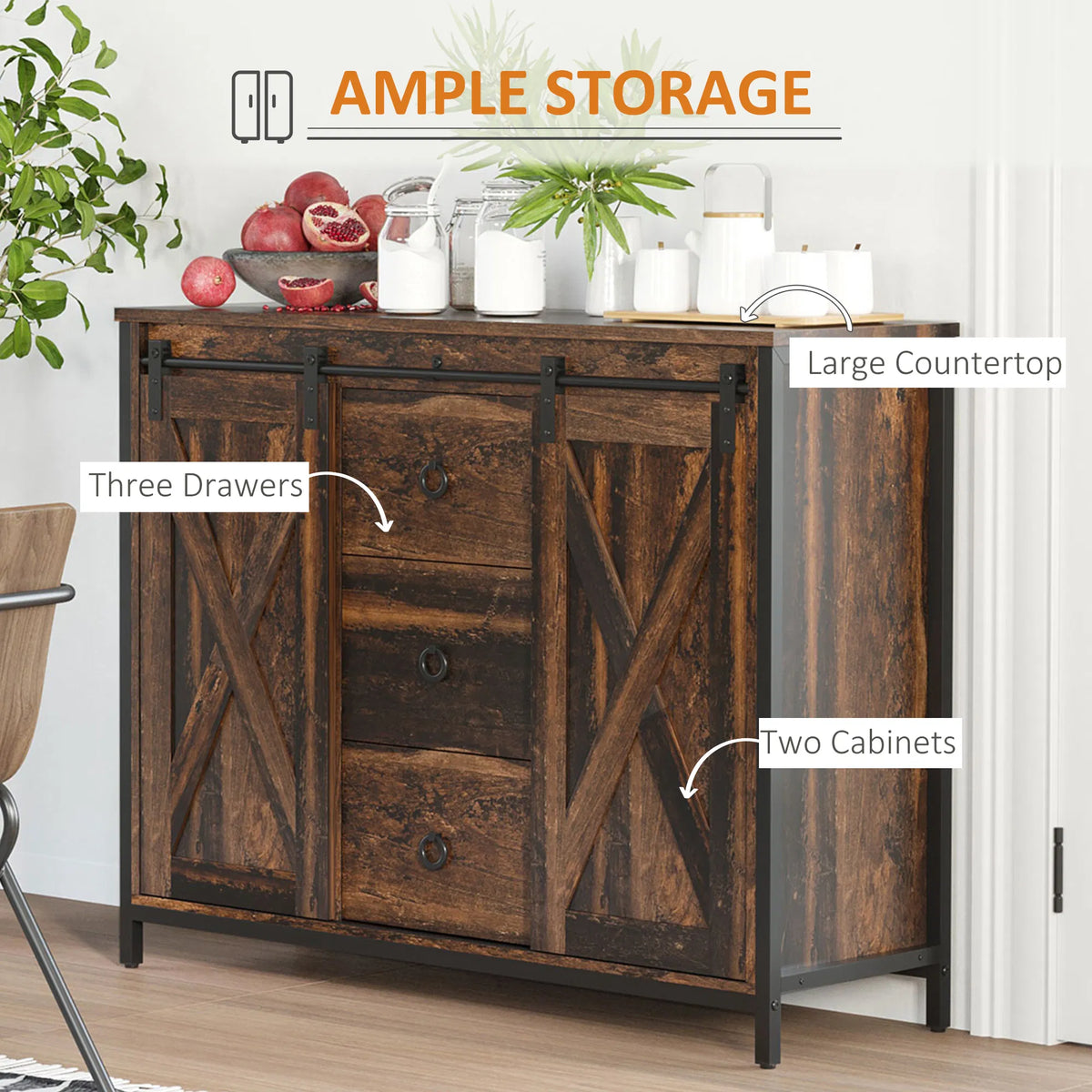 Industrial Rustic Brown Buffet Cabinet – Kitchen Sideboard with Sliding Barn Doors, 3 Drawers & Adjustable Shelves (United States & Canada Delivery Only)