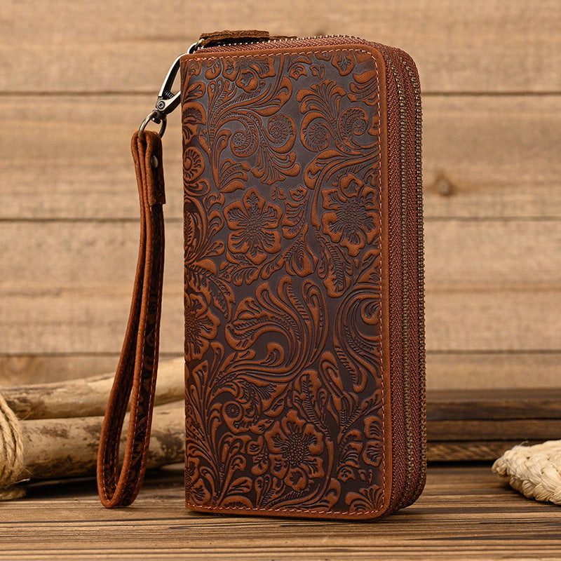 Men Genuine Leather Embossed Long Wallet Vintage Business Clutch