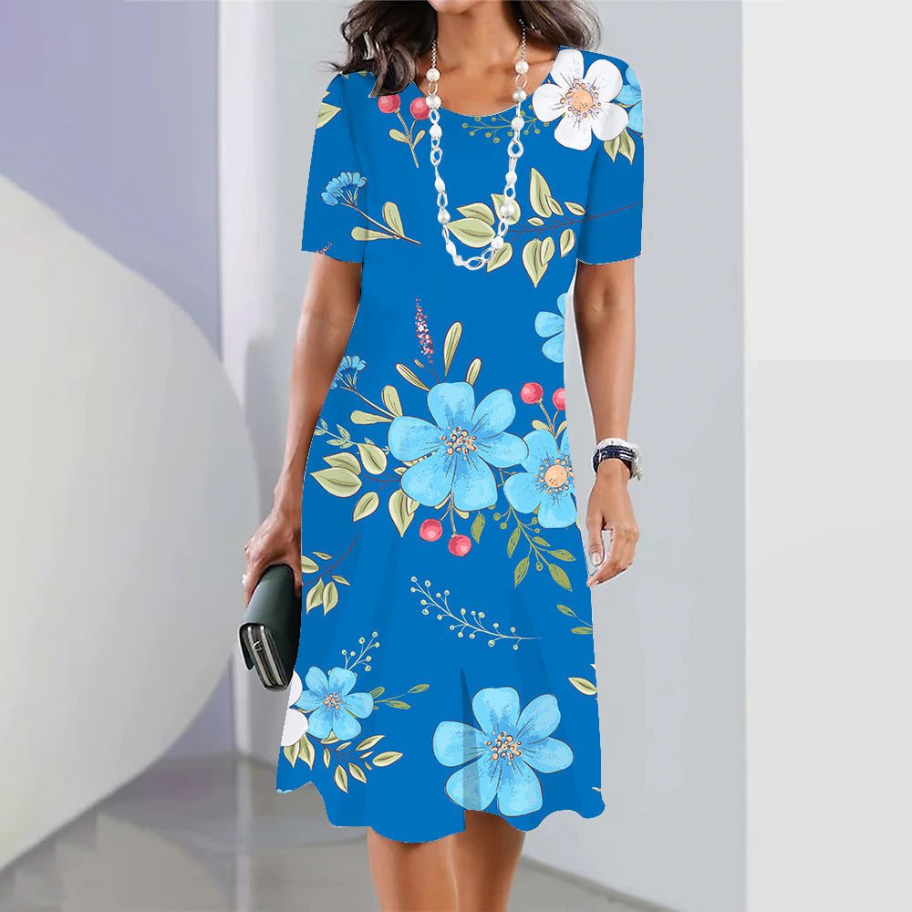 Women’s 3D Floral Print Party Dress – Blue Round-Neck Sleeveless Elegant Dress