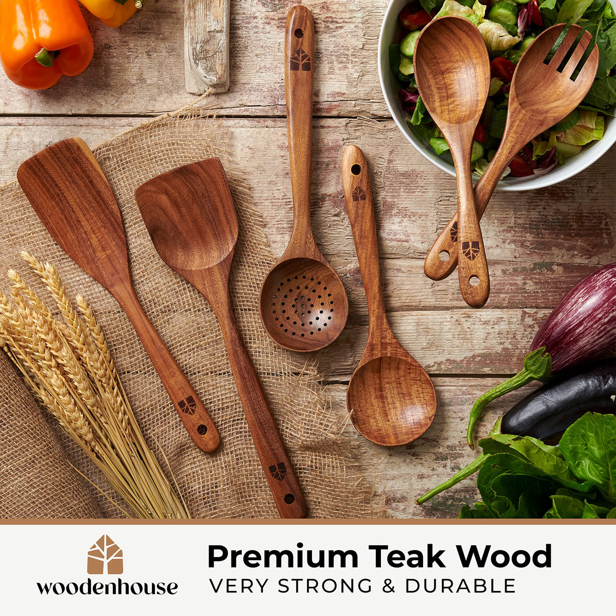 Wooden Spoons for Cooking – Wooden Kitchen Utensils Set, 6 Pcs Teak Wood Utensil Set – Comfortable Grip Non–Stick Wooden Cooking Utensils 🍁 All In One Marketplace Canada