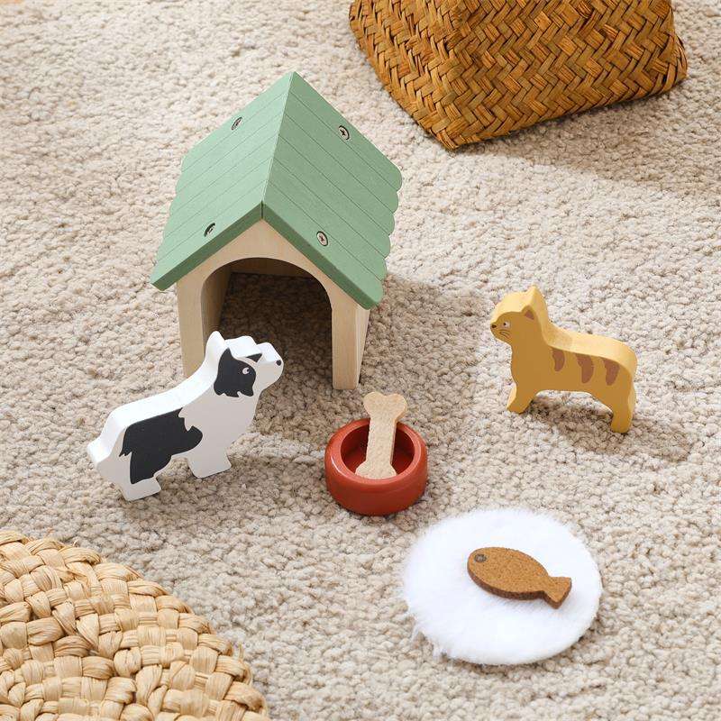 Mini Wooden Dog House & Cat Pretend Play Set