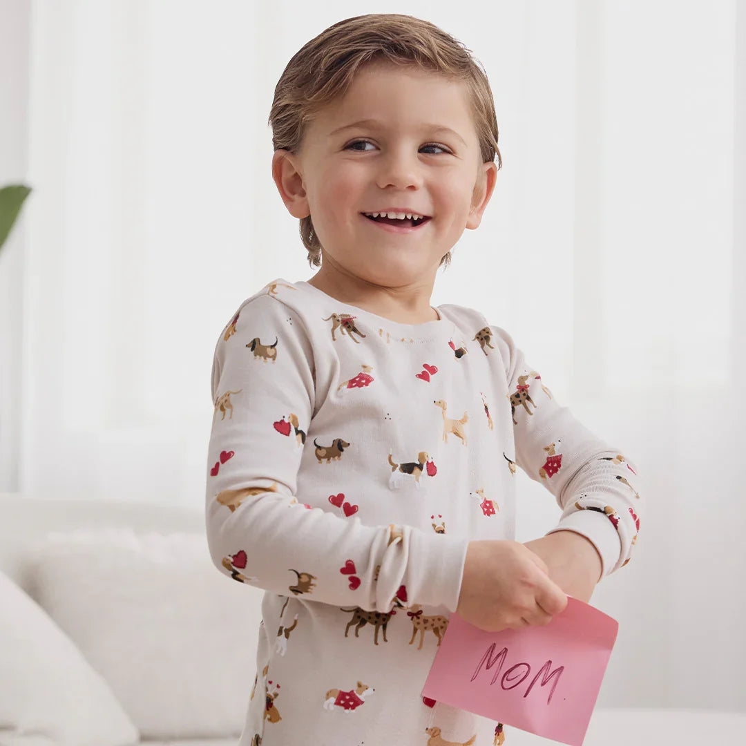 Puppy Love Print on Beige PJ Set | Petit Lem